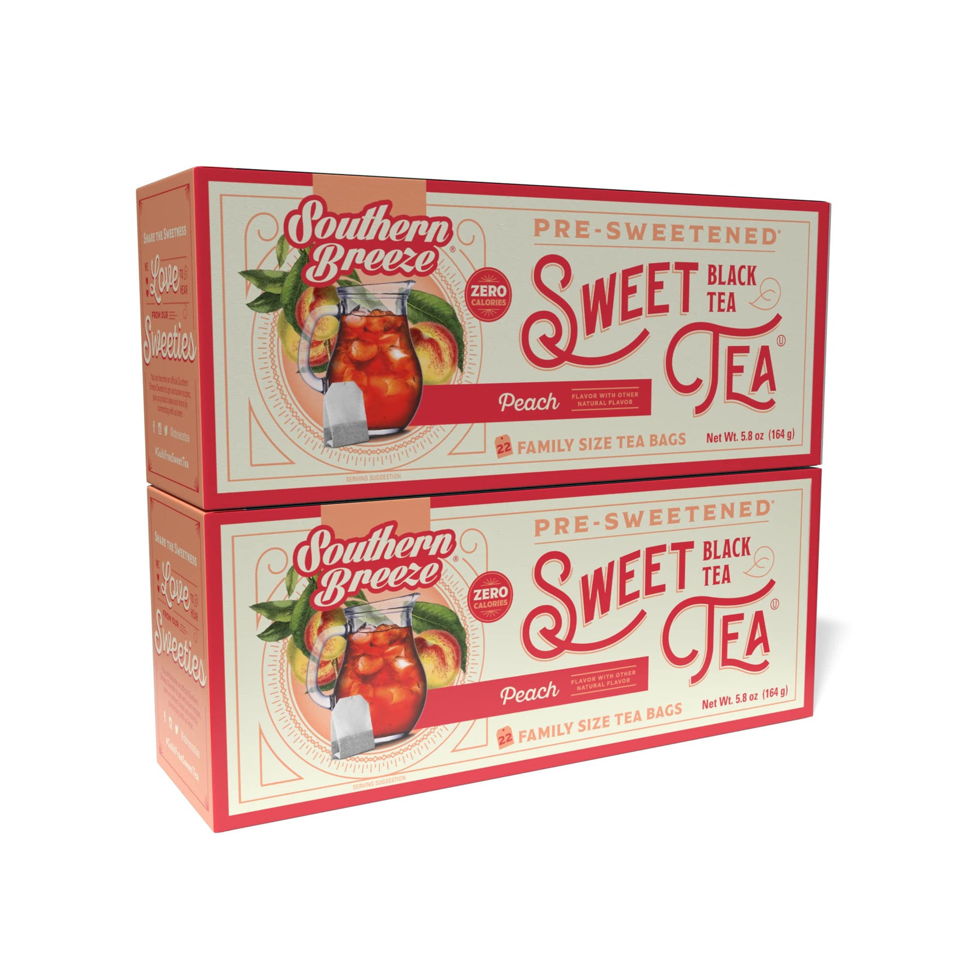 Southern Breeze Hot Brew Sweet Tea Peach Iced Tea With Black Tea And Zero Carbs Zero Sugar, 22 Individually Wrapped Family Size Tea Bags, Pack Of 2