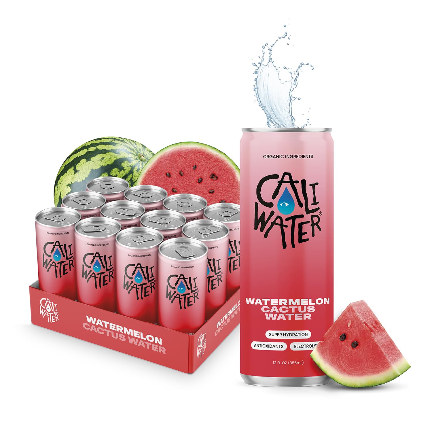 CALIWATER Organic Cactus Water, Watermelon Flavor, 12 Fl Oz (Pack of 12), Low Sugar Hydration Drink