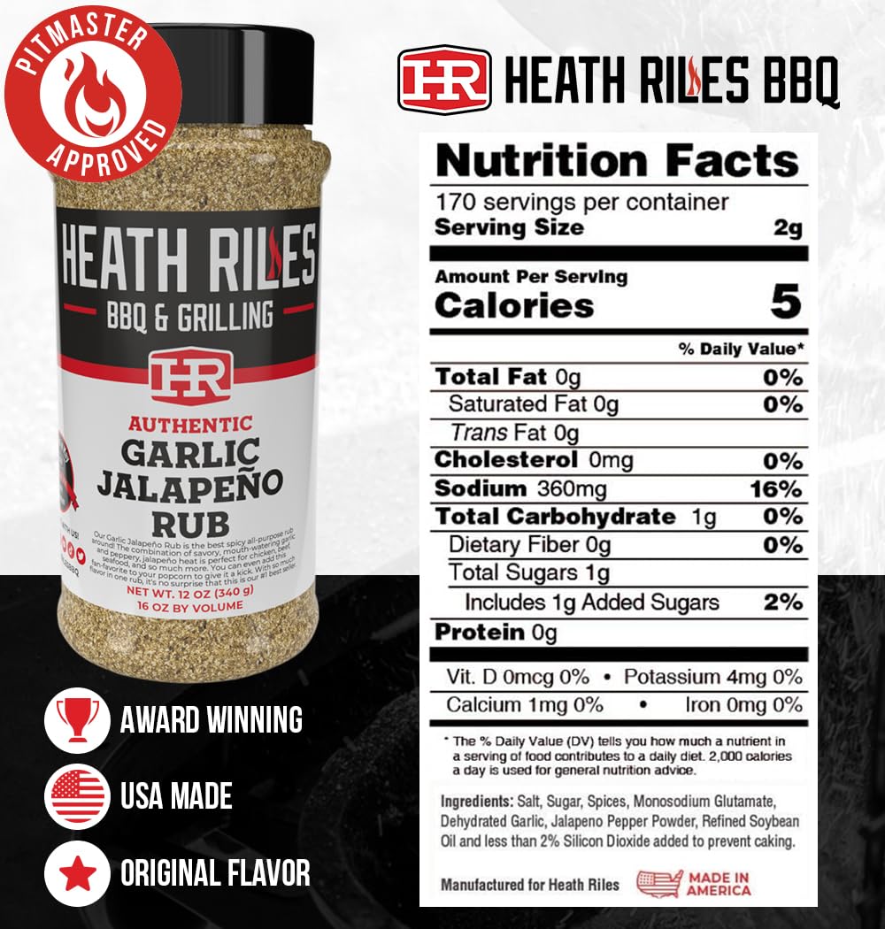 Heath Riles BBQ Rub - Garlic Jalapeño Seasoning, 12 oz, Model HRGJR, Champion Recipe for smoky aroma & Grilling