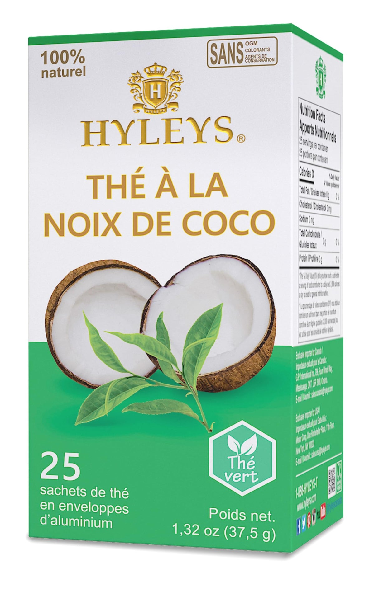 12 Pack of Hyleys Natural Wellness Coconut With Green Tea - 25 Tea Bags (100% Natural Gmo Free, Gluten Free, Dairy Free, Sugar F