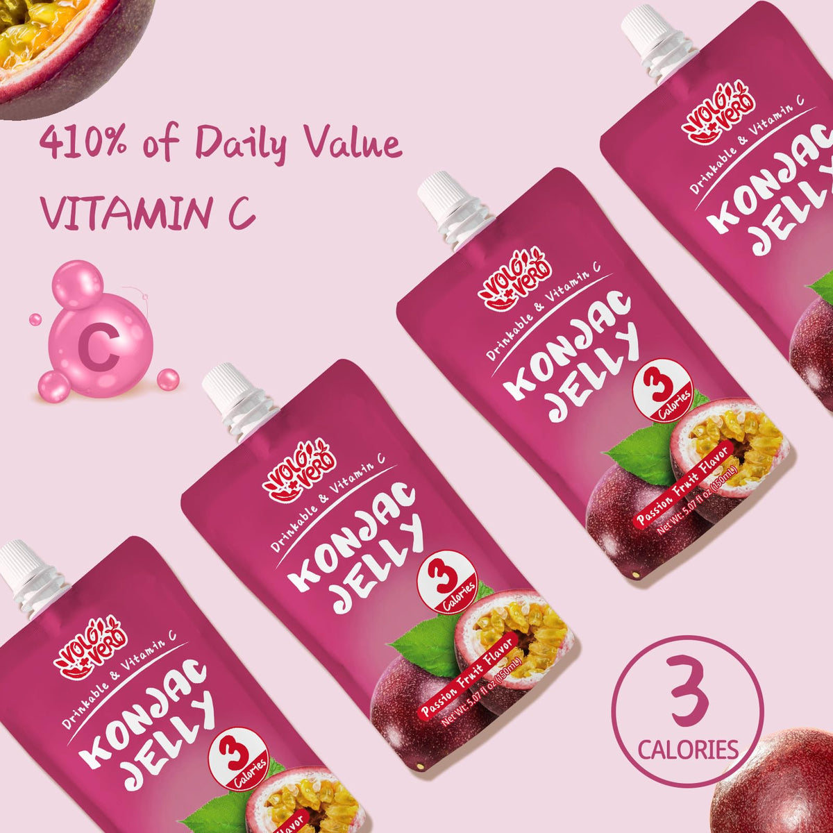 Volo Vero Konjac Jelly Squeeze Pouch Passion Fruit Flavor, Low Calories (3 Kcal), 10 Packs, Gluten Free & Vegan, 0 Sugar, Keto, Low Carb, Drinkable Vitamin C Healthy Snacks, Holiday Gifts