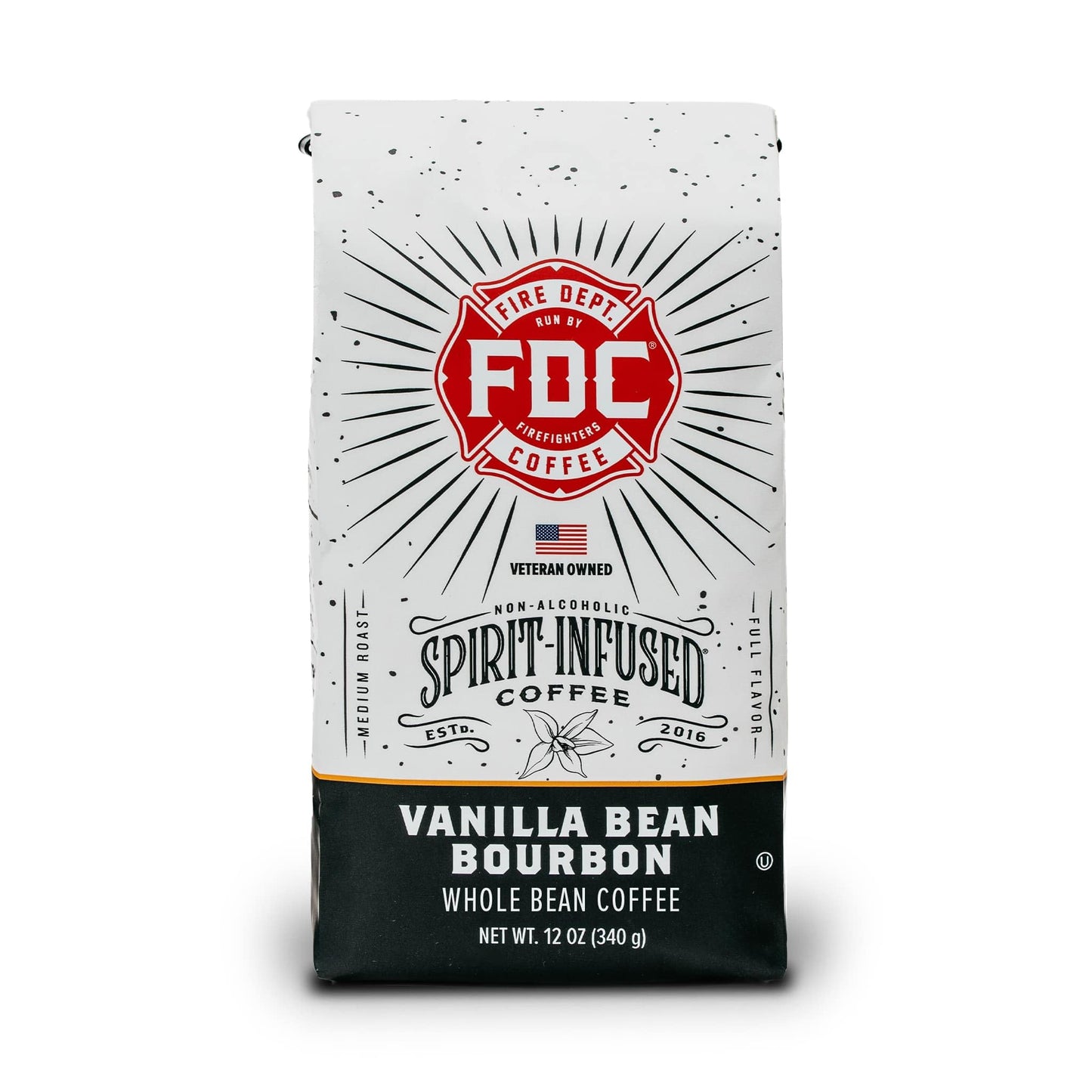Fire Department Coffee Vanilla Bourbon Whole Bean, Non-Alcoholic, 12 oz, Veteran Owned, Roasted in the USA