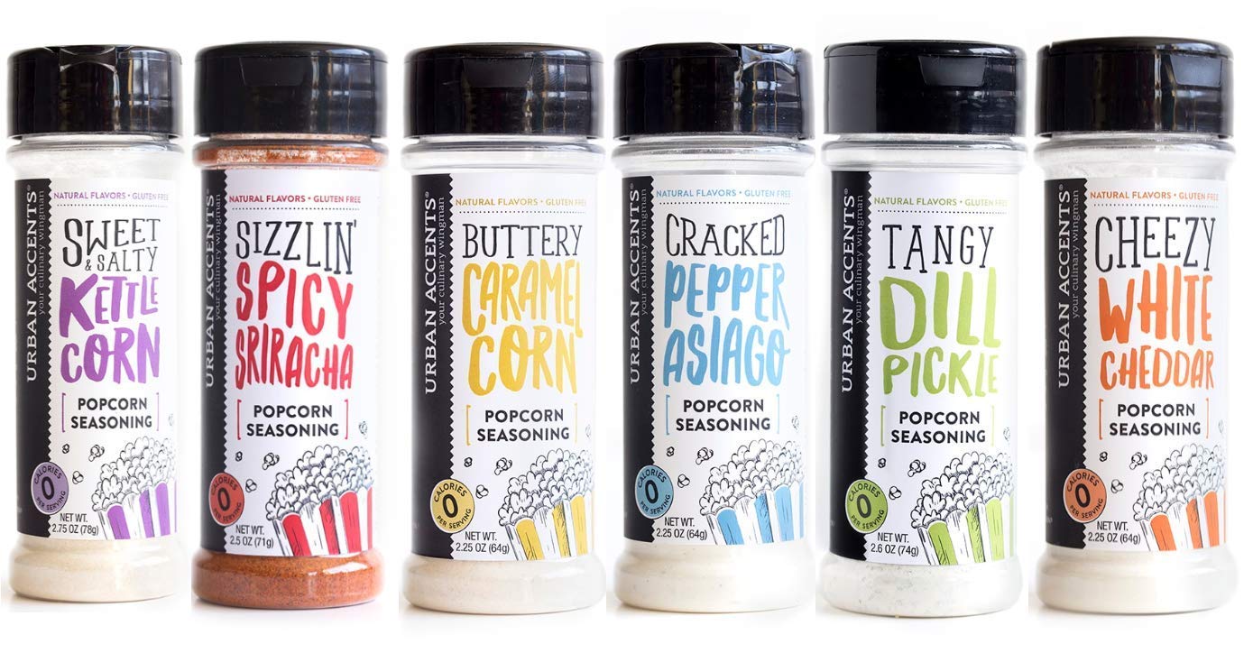Gourmet Popcorn Seasoning Variety Pack, All Natural (6 Flavors) - Dill Pickle, White Cheddar, Kettle Corn, Caramel, Sriracha, Cr