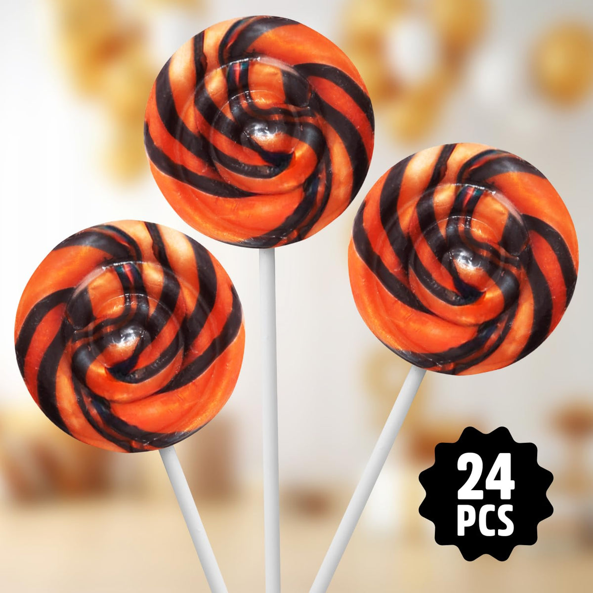 Orange and Black Swirl Lollipops  Pack of 24 Pieces Suckers Individually wrapped  Ideal Lollipops Bulk Supply for Candy Buffets and Trick or Treat Bags  Vibrant Swirl Suckers for Easy Sharing
