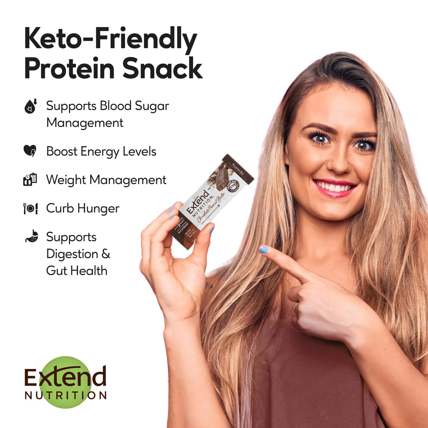 Extend Sugar Free Protein Bars, Perfect Diabetic Snacks, High Protein And Fiber, Hunger Control & Steady Energy, Low Carb, Keto Friendly (12 Count, Chocolate Peanut Butter)