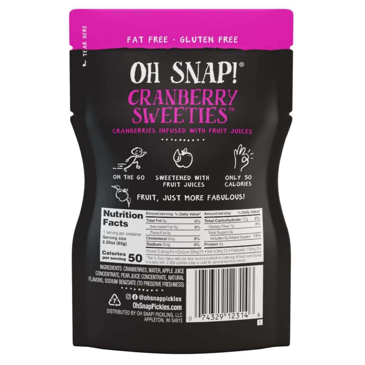 Oh Snap! Cranberry Sweeties - 12 Pack Infused Cranberry Snacks - Gluten-Free, Fat-Free, Ready to Eat