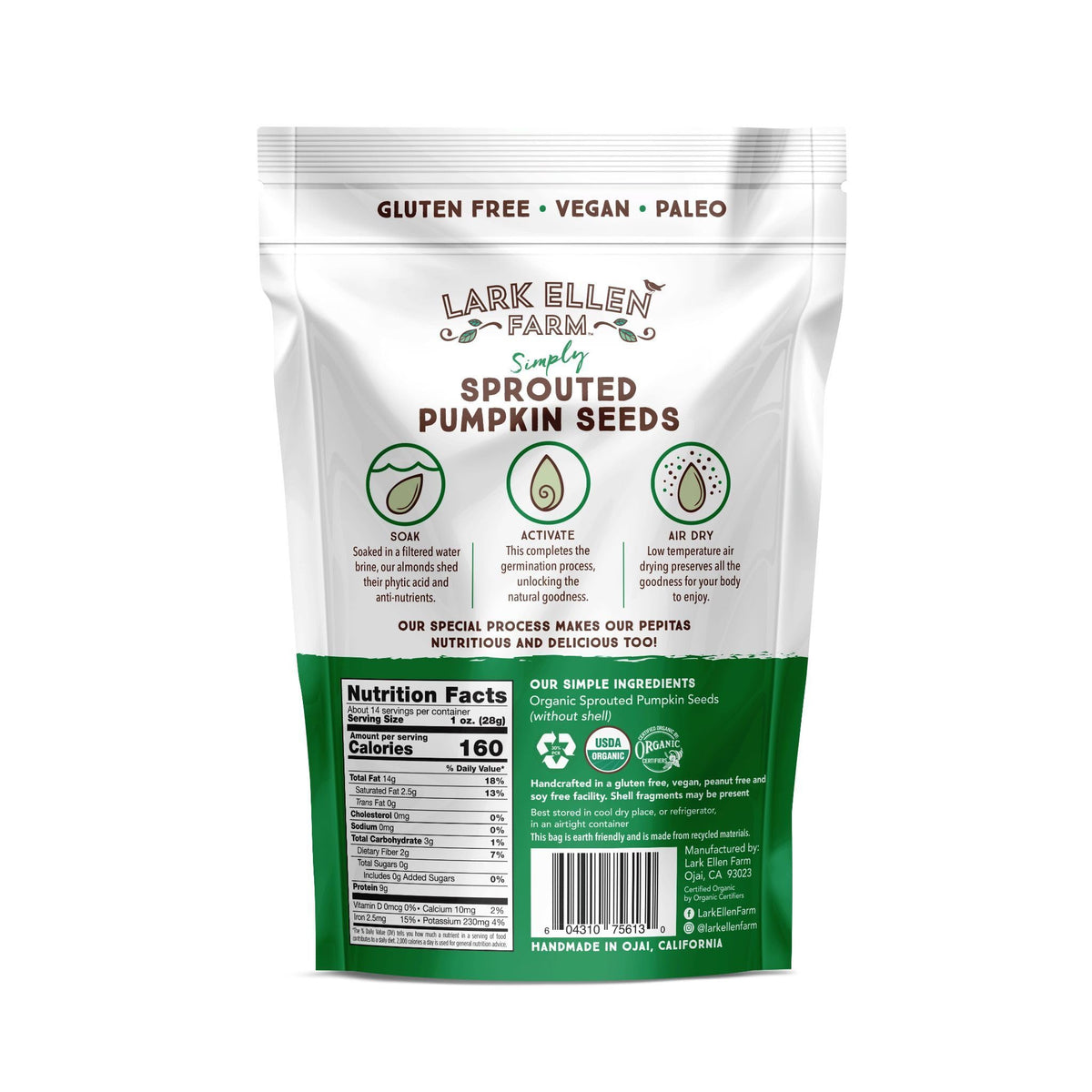 Lark Ellen Farm Sprouted Organic Pumpkin Seeds, Raw & Unsalted, 14 oz, Non-GMO, Vegan, Gluten-Free, Resealable Bag