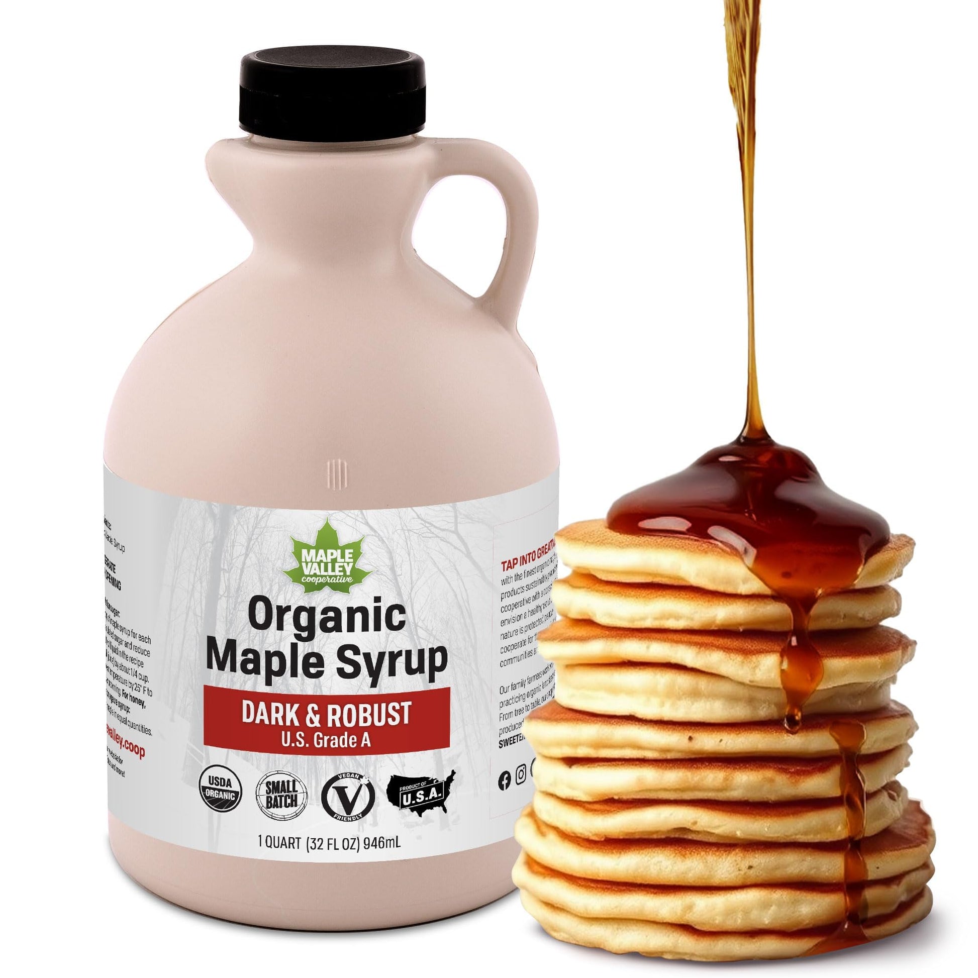 Maple Valley Organic Pure Maple Syrup  Dark & Robust Playter Than Pancake Syrup  Use For Coffee Or All-Natural Sugar Substitute In Cooking And Baking (32Oz Plastic Jug)