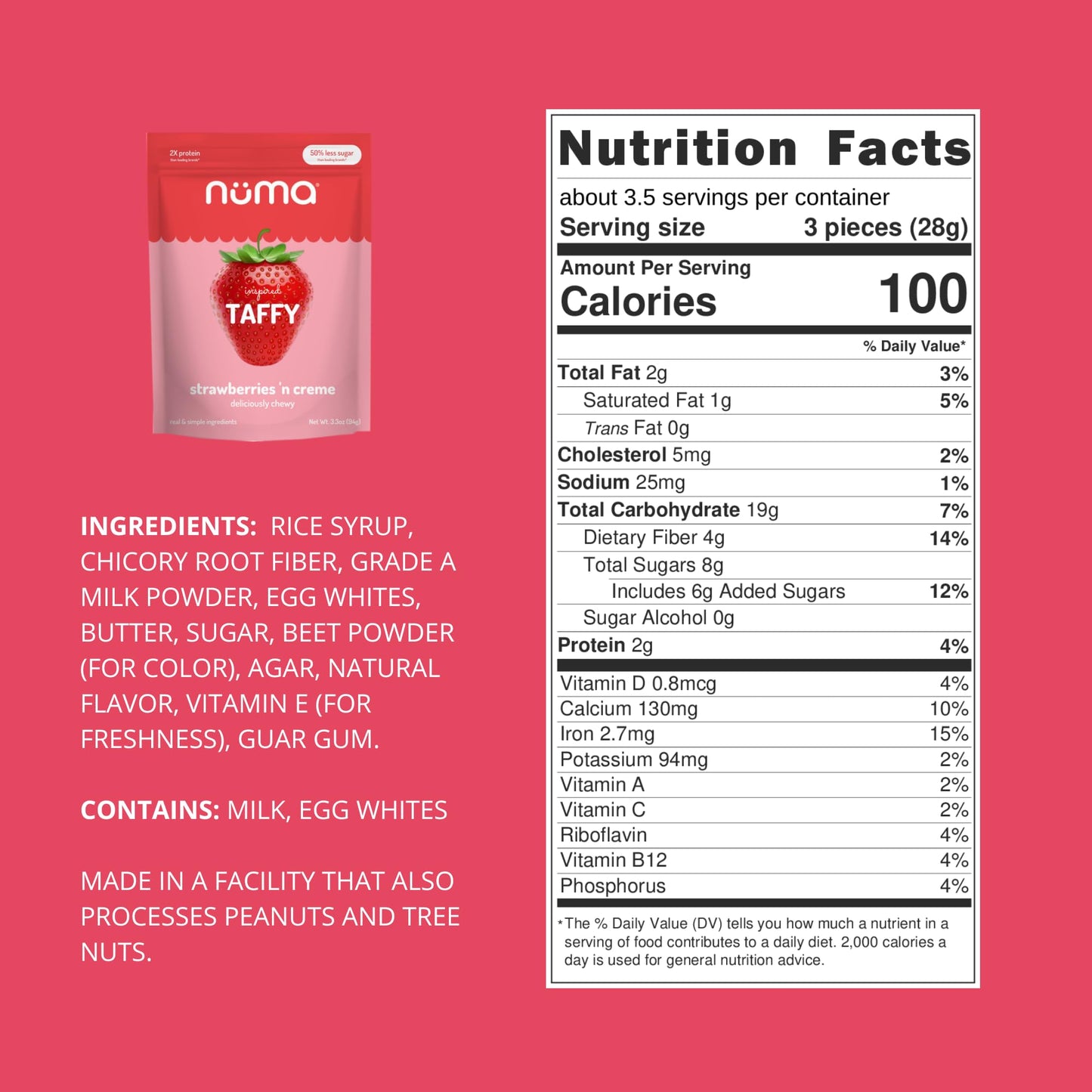 Numa Taffy Candy - Strawberries and Creme Made w Real & Simple Ingredients - Low Sugar, High Protein, Low Calorie, All Natural,