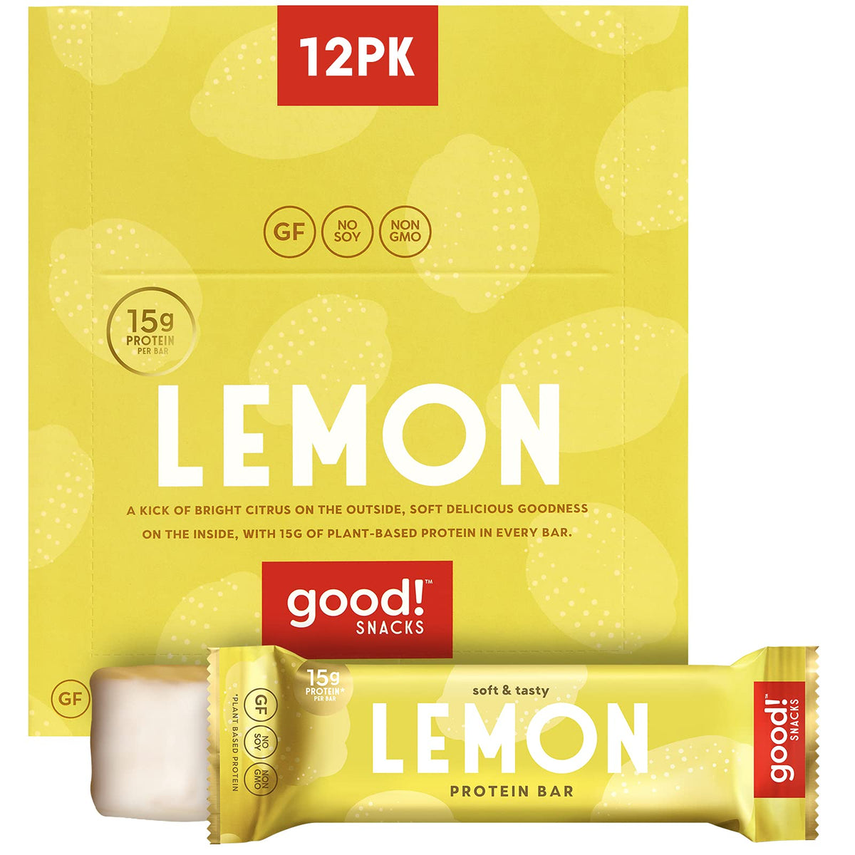 Good! Snacks Vegan Lemon Protein Bar | Gluten-Free, Plant Based, Low Sugar, Kosher, Soy Free, Non Gmo | 15G Protein (12 Bars)