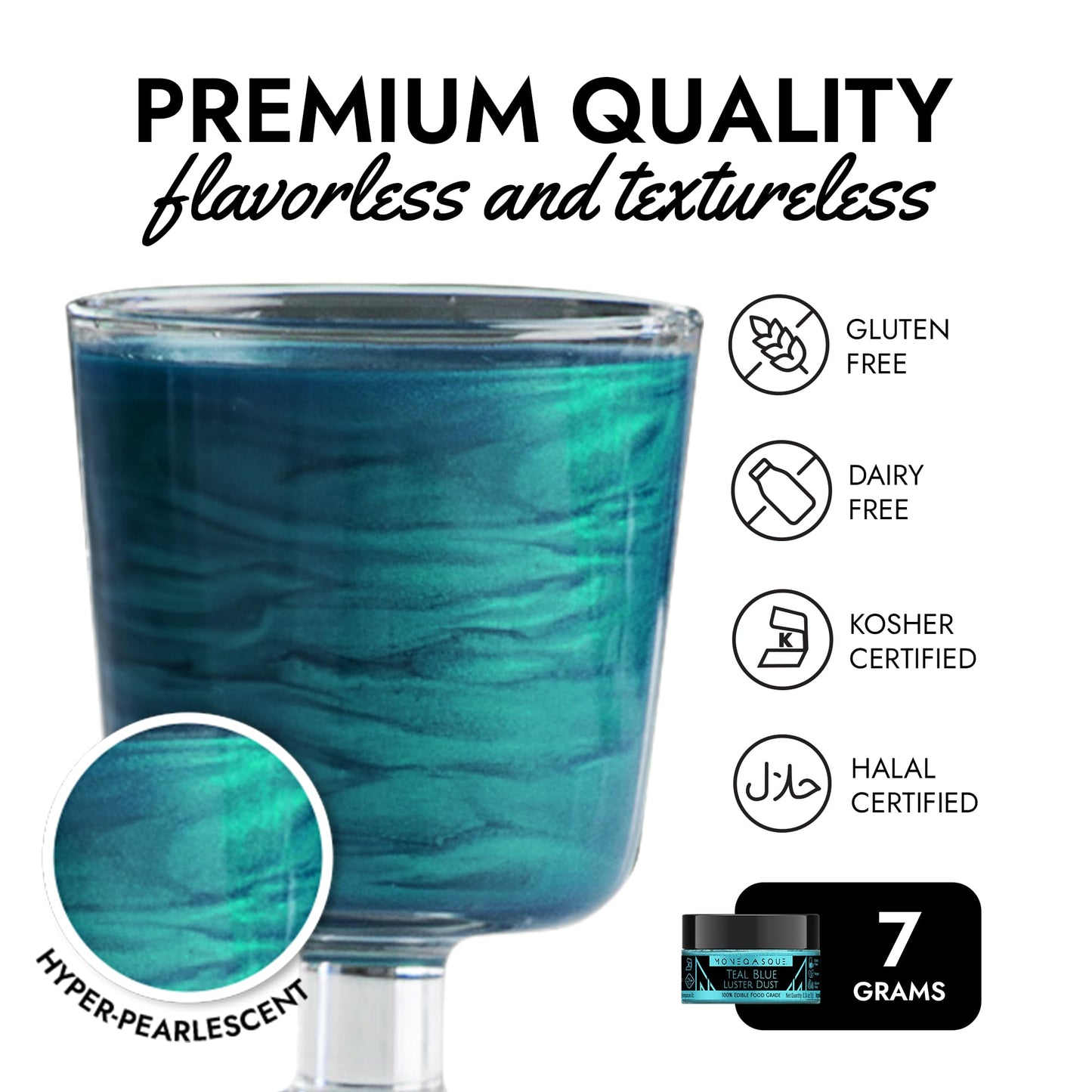 MONÉGASQUE Edible Glitter Teal Blue Luster Dust for Cocktails 7g