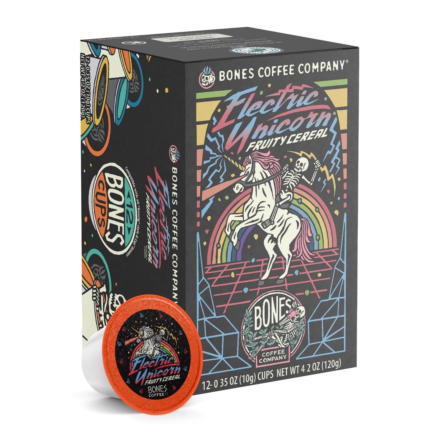 Bones Coffee Company Flavored Coffee Bones Cups Electric Unicorn Fruity Cereal Flavor | 12 Ct Single-Serve Coffee Pods Compatible With 1.0 & 2.0 Keurig Coffee Maker