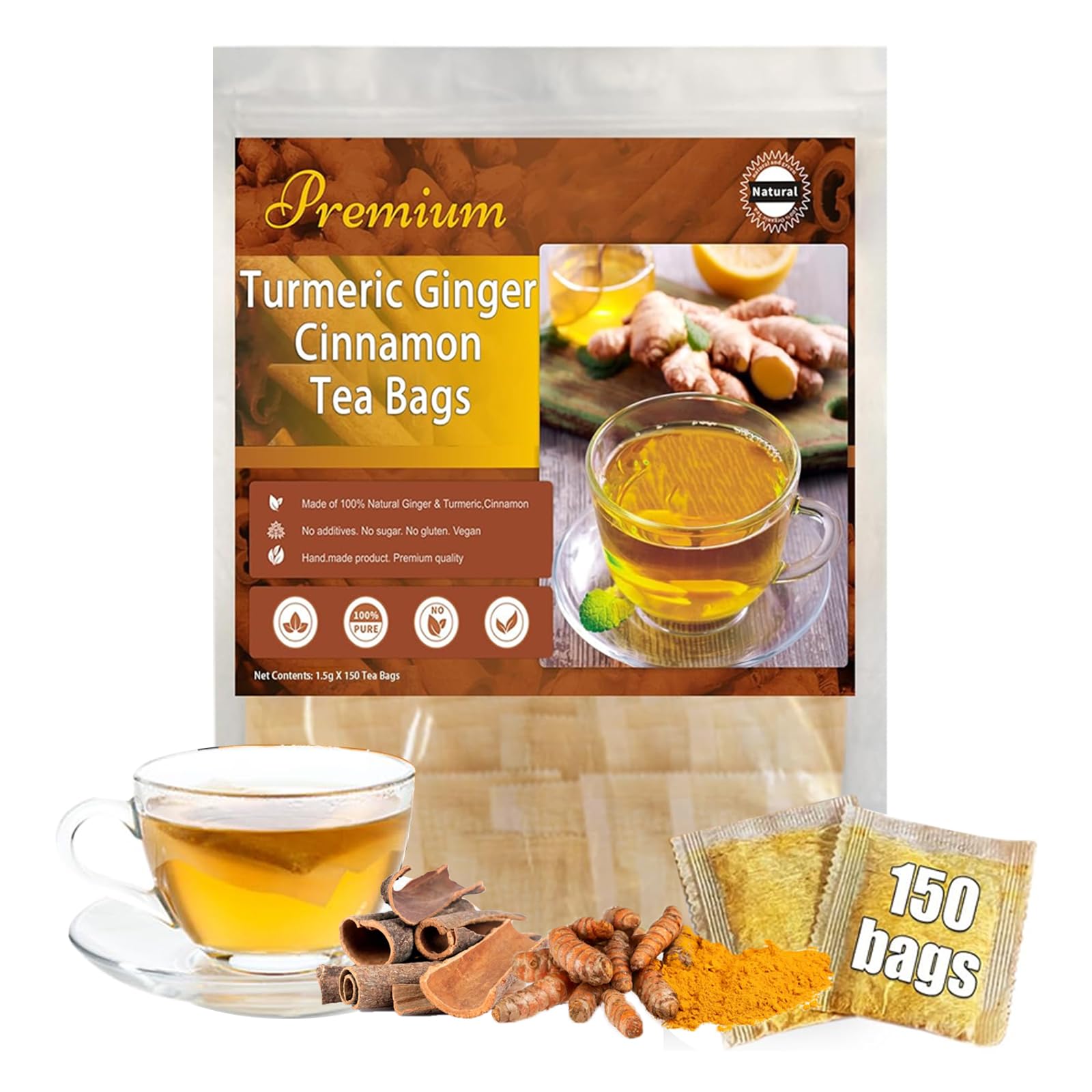 FITactic Organic Turmeric Ginger Cinnamon Tea Bags - 150 Count, Caffeine Free, Herbal Blend for Digestion and Relaxation