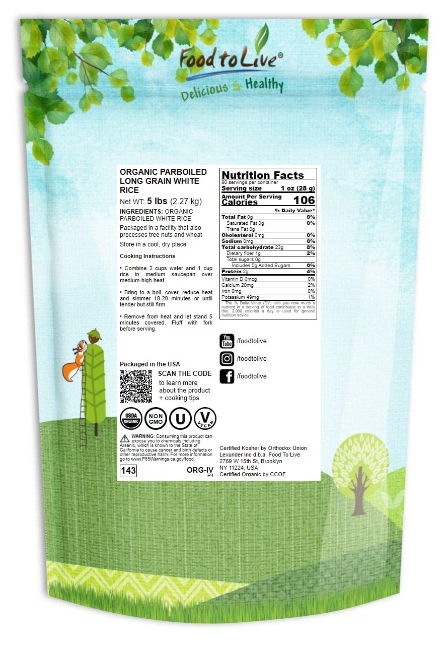 Organic Parboiled Long Grain White Rice, 5 Pounds - Non-Gmo, Kosher, Vegan, Bulk. Partially Precooked Converted Rice. Easy-Cook