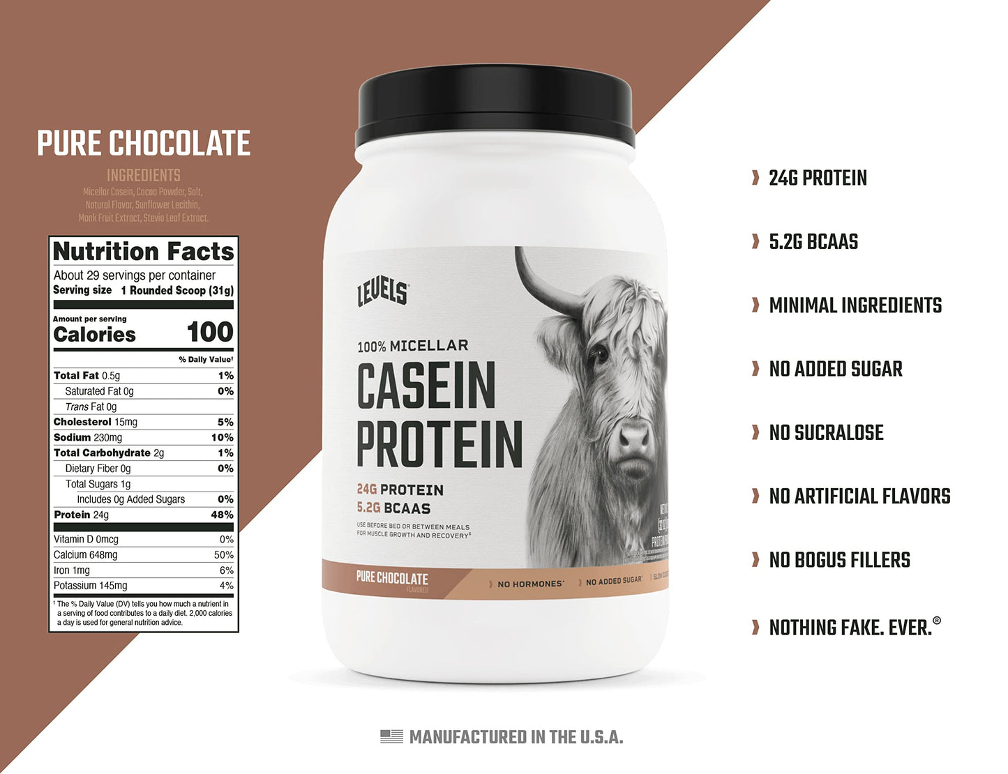 Levels 100% Micellar Casein Protein    Free  Chocolate  2LB