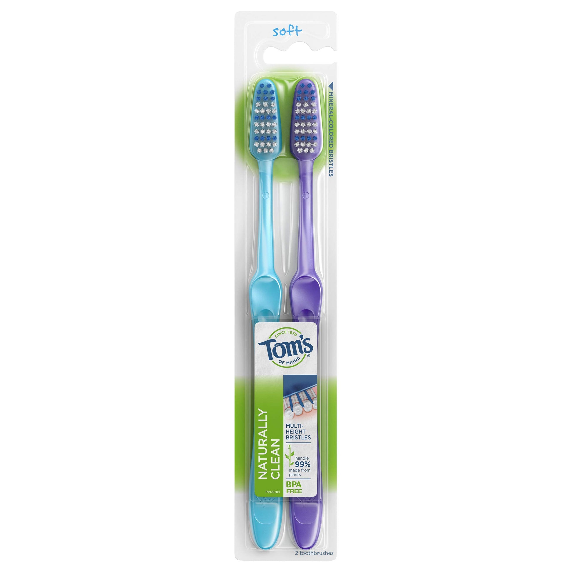 Toms of Maine Naturally Clean Toothbrush, Toothbrushes, Soft Toothbrush, 2-Pack