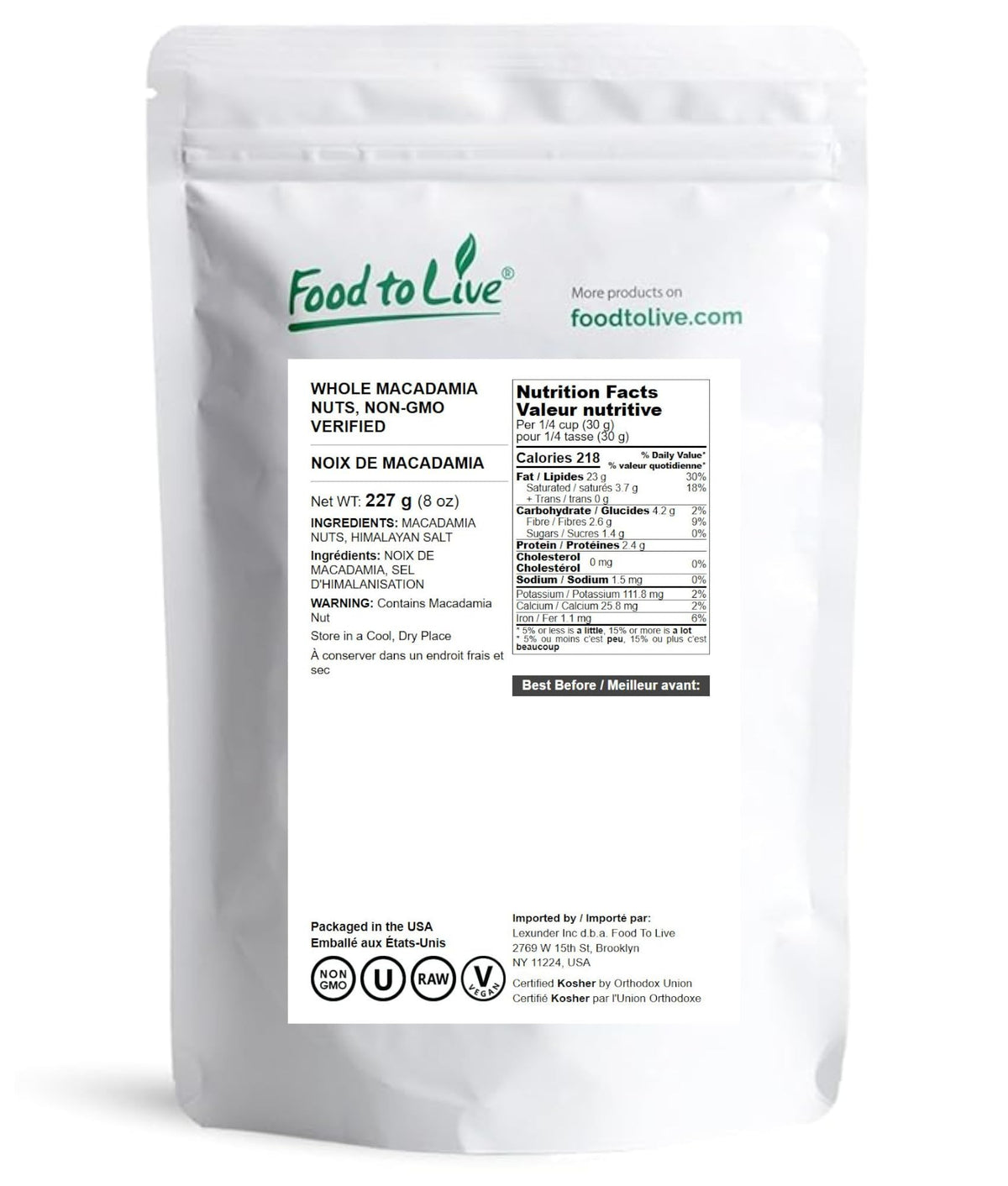 Food to Live Whole Macadamia Nuts, Raw, Unsalted, Keto Friendly, 8 Ounces