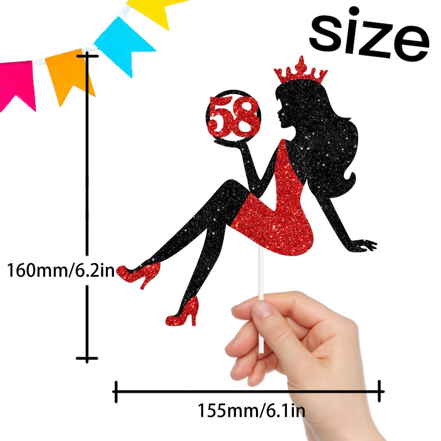 58 Red & Black Sitting Girl Silhouette Cake Topper Decorations With Glamour For Lady 58 Birthday Theme Queen Sexy Party Decor Su