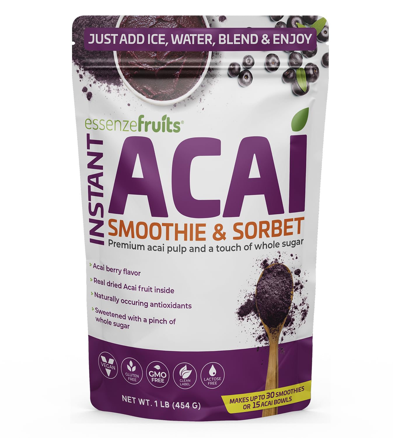 Essenzefruits Instant Acai Powder With Whole Sugar - Designed To Blend With Bananas For Smoothies & Acai Bowls  Freeze Dried Brazilian Superberry  Non Gmo  Vegan  Gluten Free Superfood (1Lb/454G)