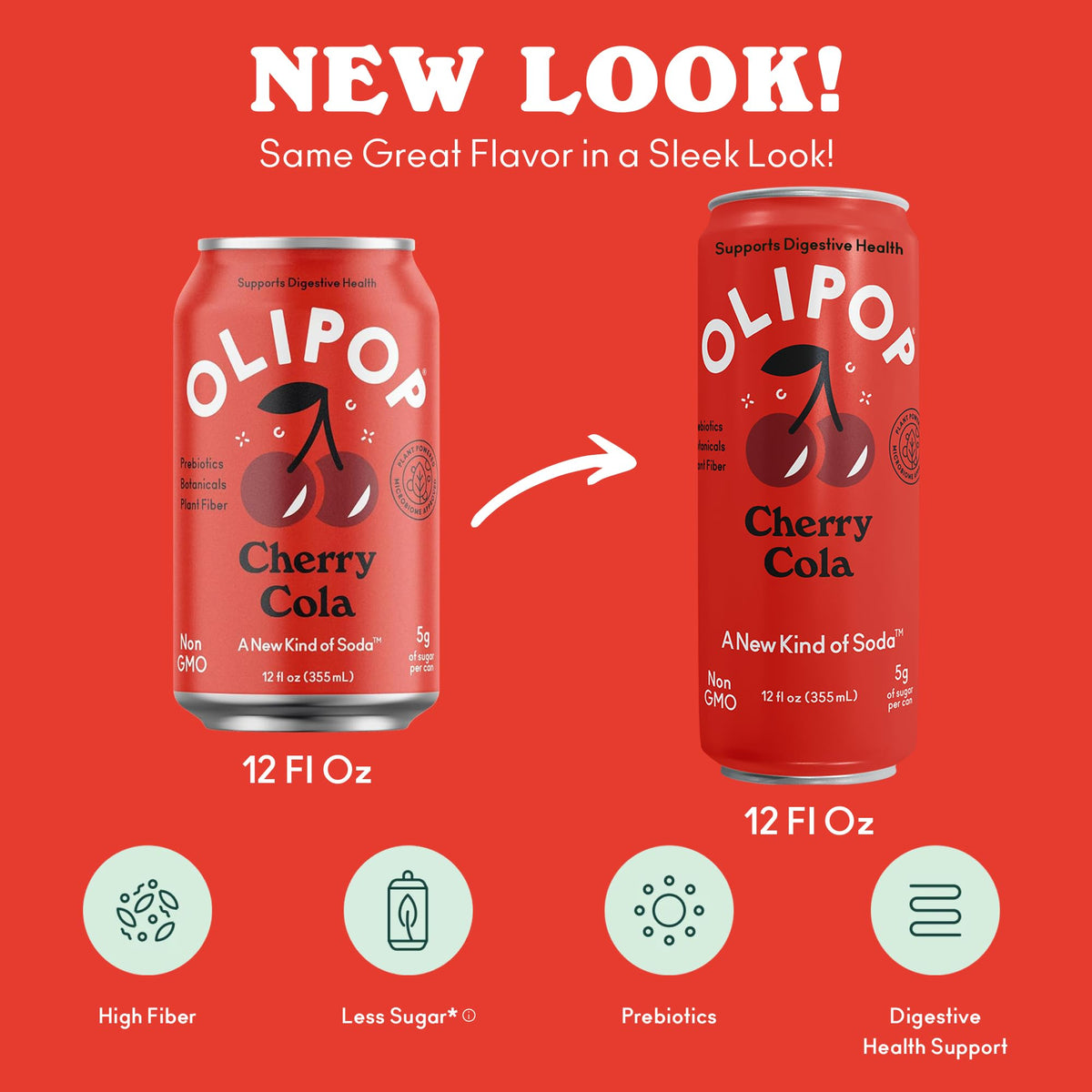 OLIPOP Prebiotic Soda Pop, Cherry Cola, 12oz (Pack of 12), Gluten Free, Vegan, Packed with Prebiotics and Fiber