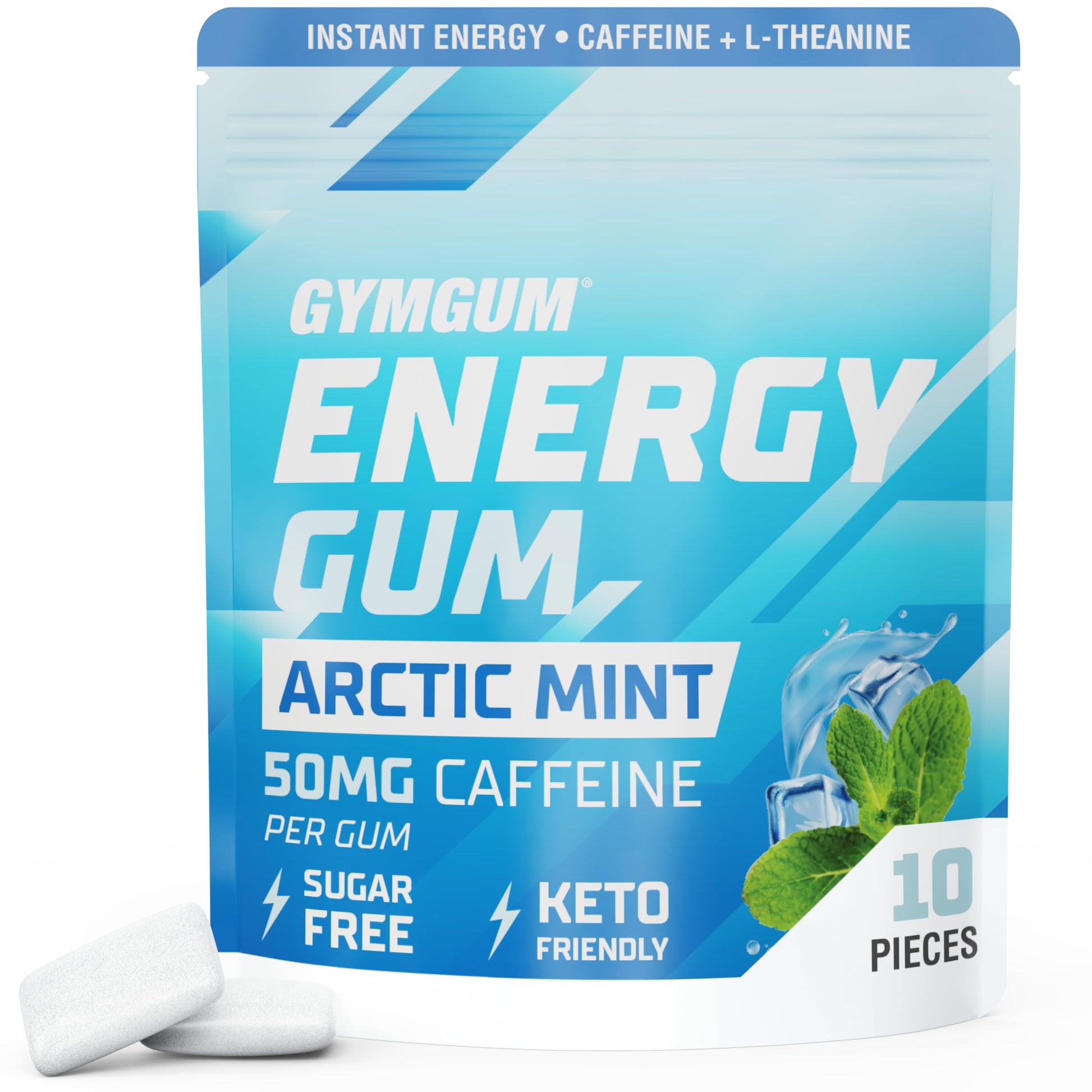 GYMGUM Energy Caffeine Gum, Sugar-Free & Keto-Friendly, 50mg Caffeine, 10 Count