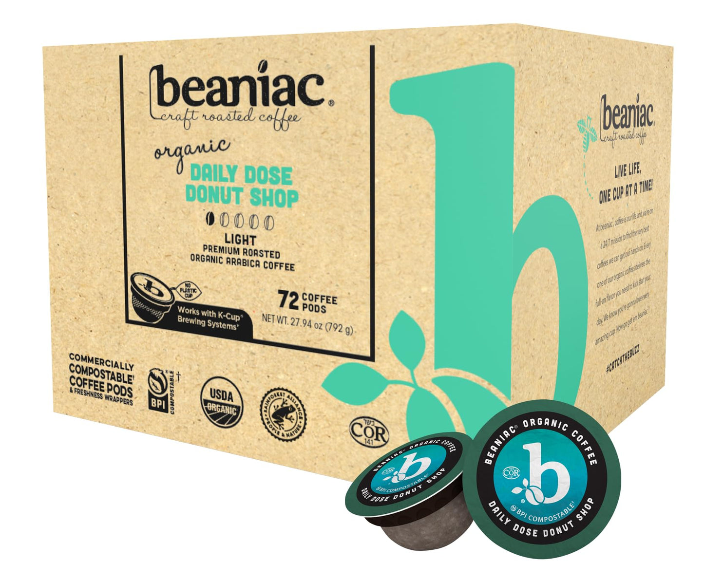 beaniac Organic Light Roast Coffee Pods, Single Serve Compostable K-Cups, 72 Count