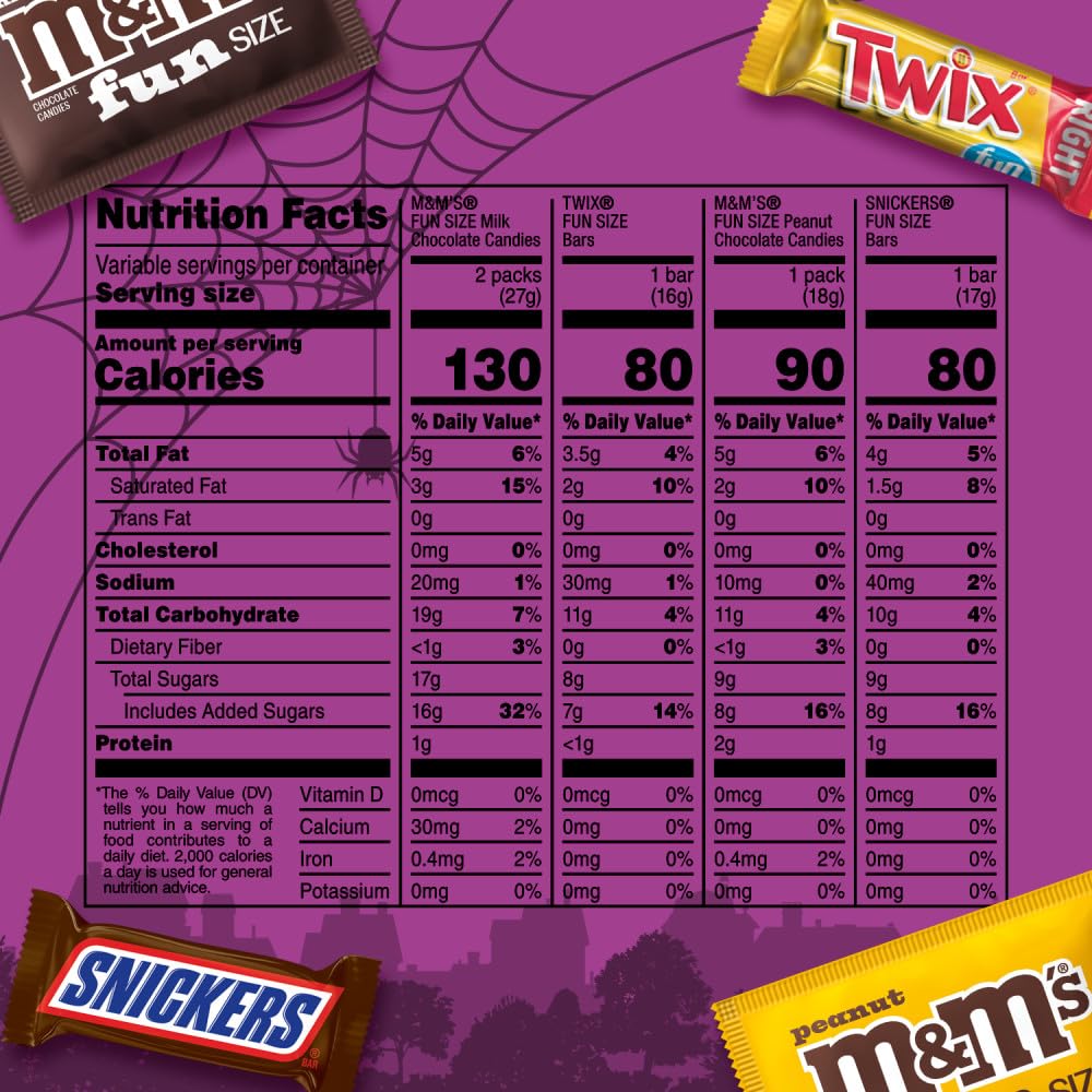 M&MS Fun Size Milk Chocolate  M&MS Fun Size Peanut  SNICKERS Fun Size & TWIX Fun Size Caramel Cookie Milk Chocolate Individually Wrapped Trick or Treat Halloween Candy  35 Ct  19.37 Oz Bulk Bag