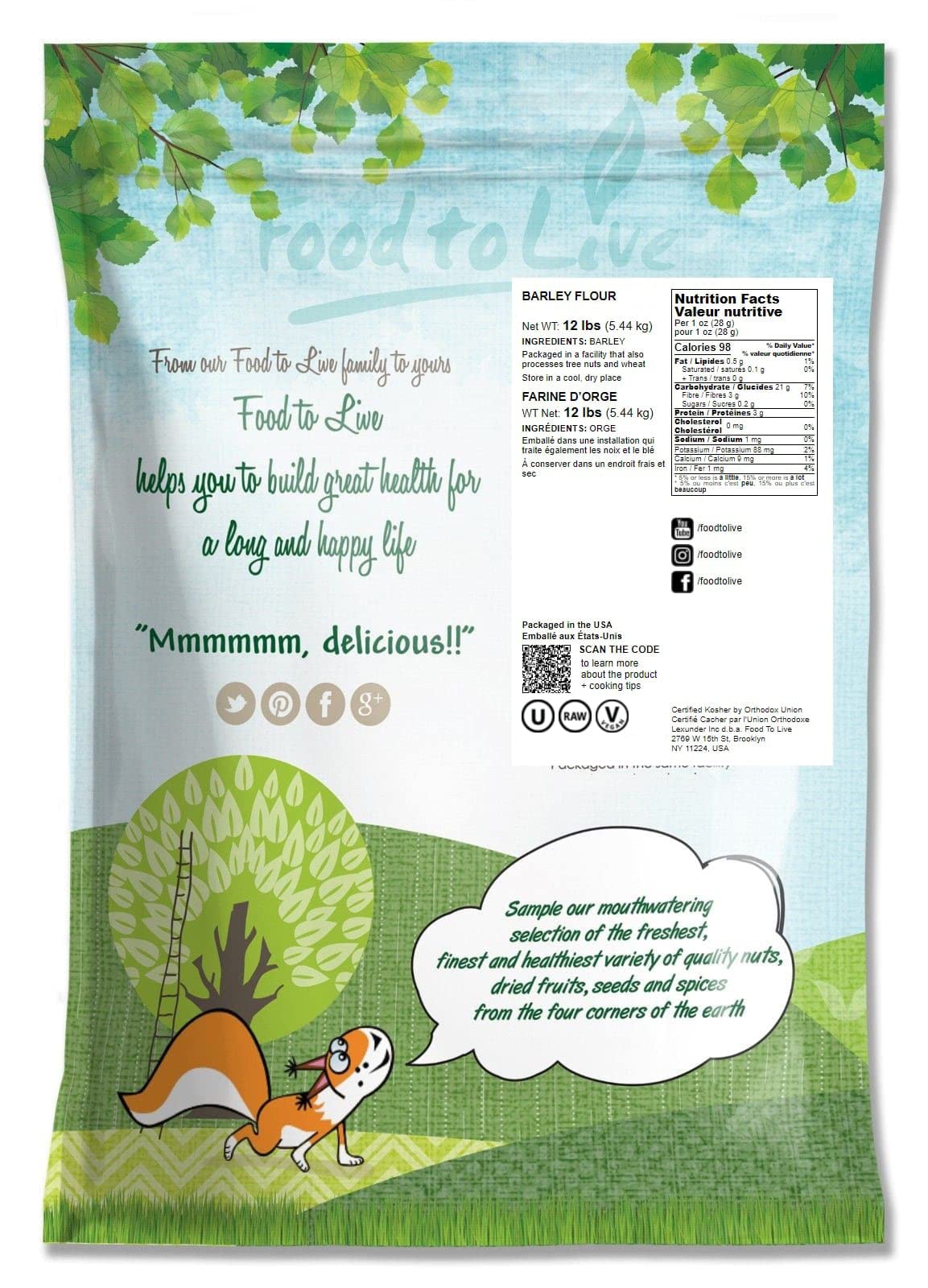 Food To Live Barley Flour, 12 Pounds - Fine Powder, Kosher, Vegan, Bulk. Rich In Fiber. Wheat Flour Alternative. Great For Bakin