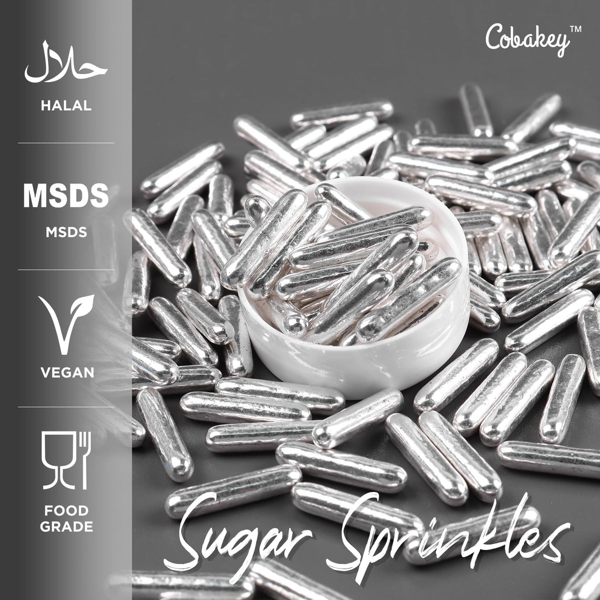 Cobakey Bright Silver Sprinkles For Cake Decorations 100G/ 3.52Oz Rods Metallic Pearl Sugar Sprinkles For Cupcake Toppers Weddin