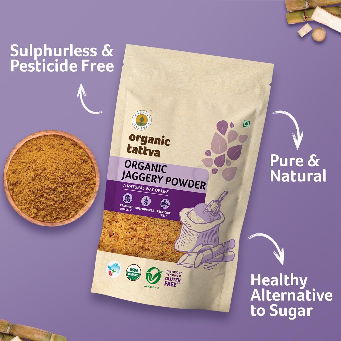 Organic Tattva Organic Jaggery Powder, 500G | Unrefined And Unadulterated