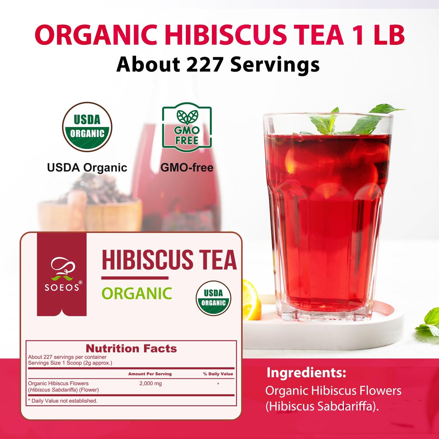 Soeos Organic Hibiscus Flower Herbal Tea, Caffeine-Free, 16oz Whole Dried Petals
