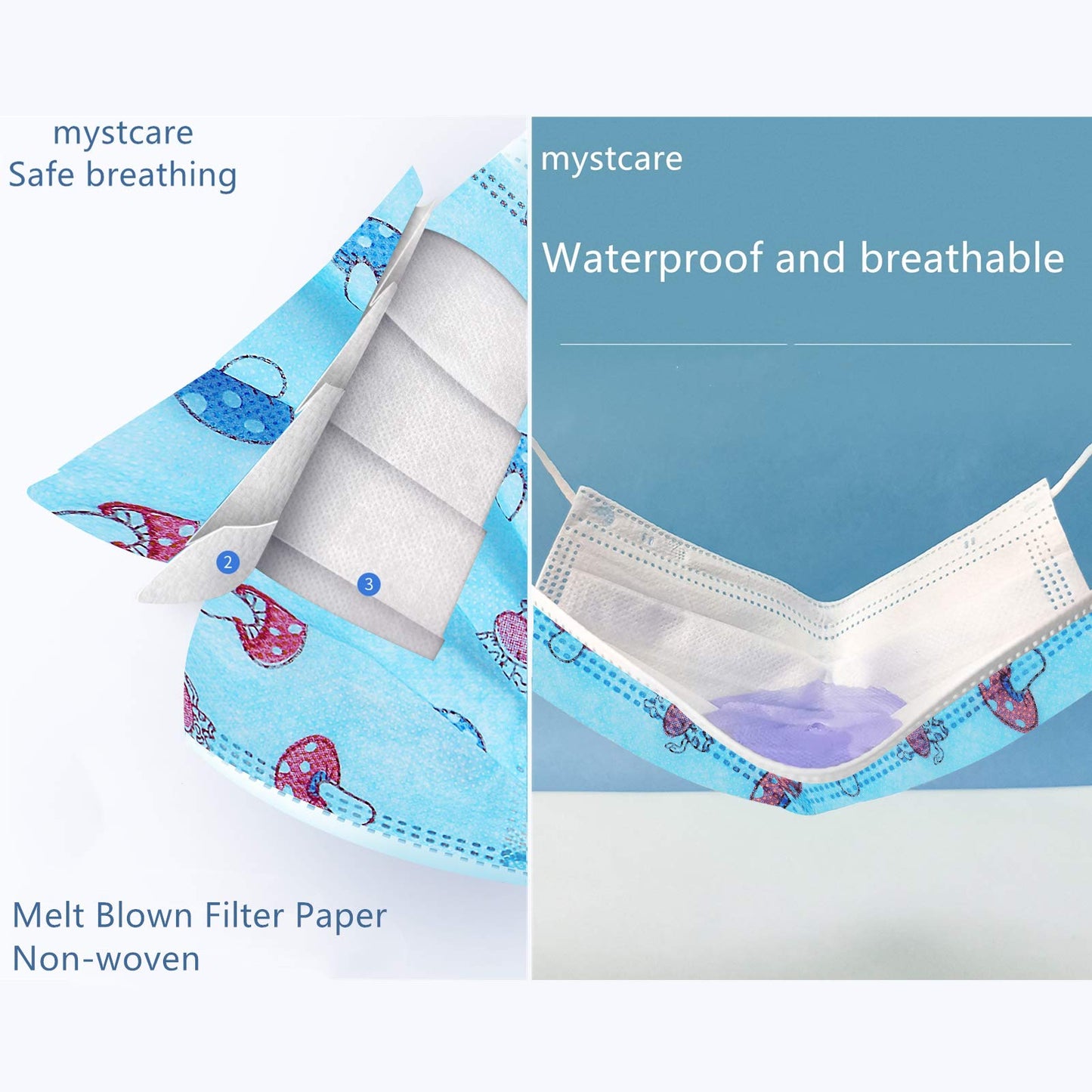 Mystcare Kids Disposable Face Mask 50 Pack Ages 5-12 Filter 3-Layer Safety Face Masks For Kids Daily Use.All Metal Nose Clips(Mu