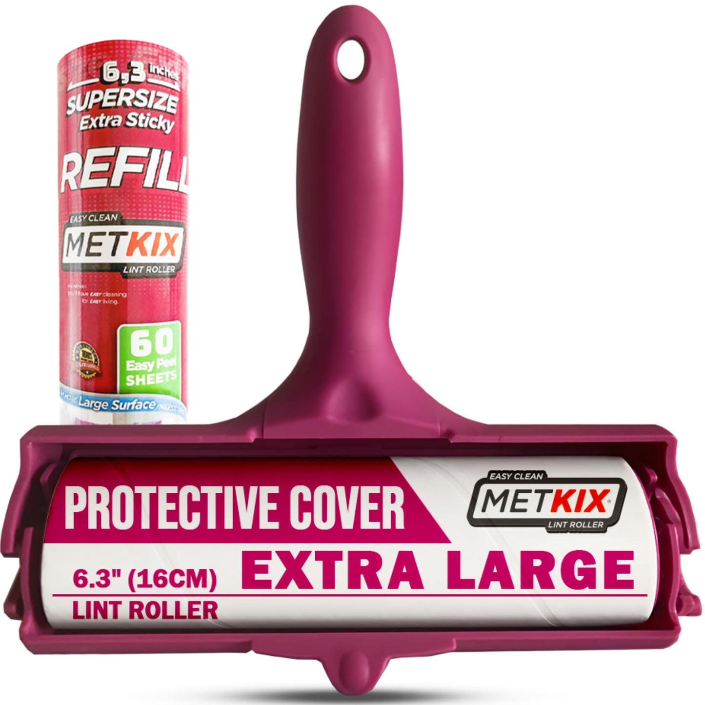 Metkix Extra Large Lint Roller 6.3'' (16Cm) With Refill  Protective Cover Design  Giant Lint Roller For Pet Hair Furniture Bed C
