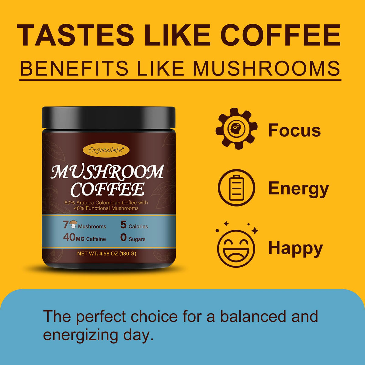 Orgnisulmte Premium Mushroom Coffee 4.58 Oz, Fresh Ground Colombian Instant Coffee With 7 Superfood Mushrooms Better Taste, Natu