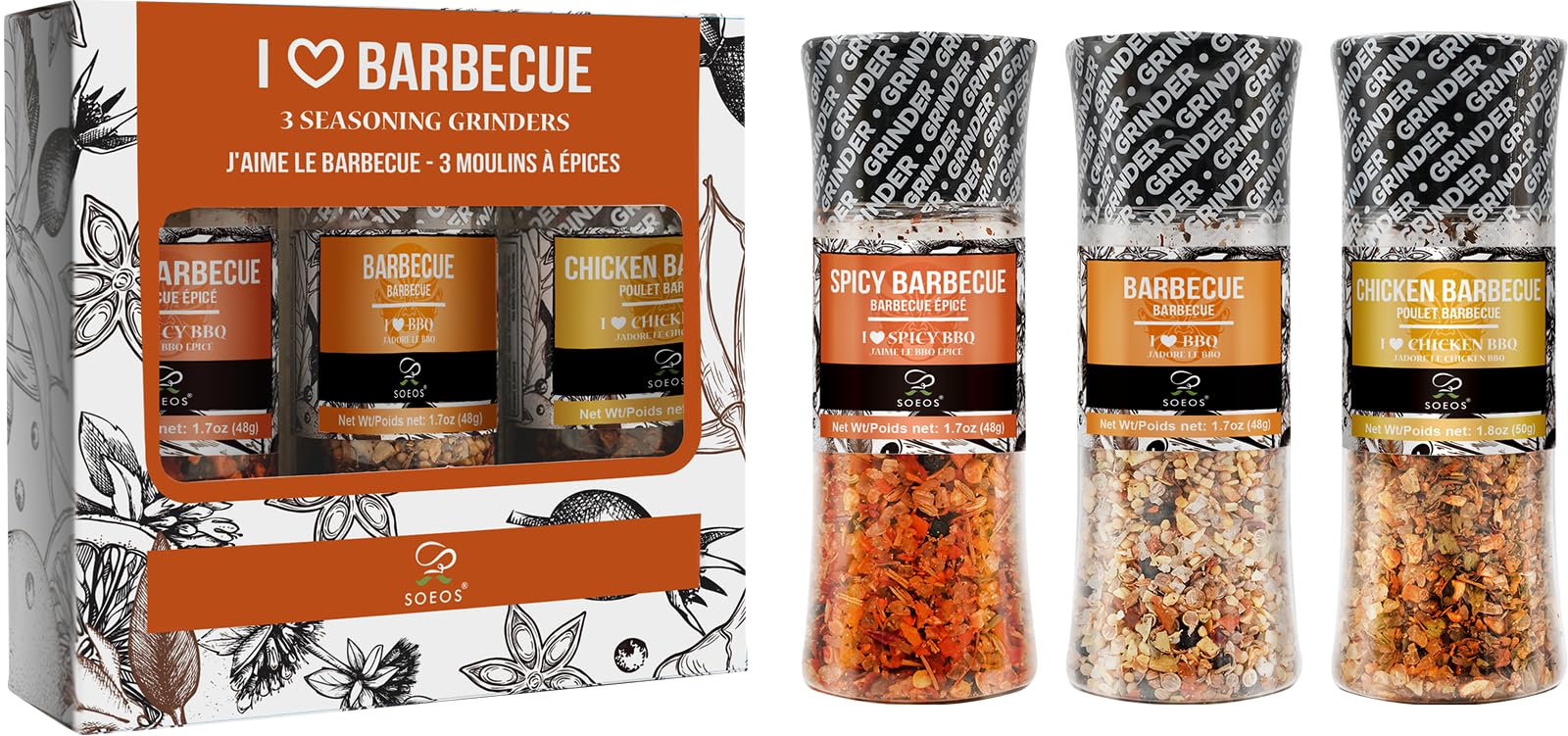 Soeos Spice Seasoning Set Of 3, 5.2Oz(146G), With Integrated Grinders, Salt And Pepper Grinder Set, Pure And Fresh Perfect For Bbq Seasoning Gift Set, Grilling Spice, Herb, Spice & Seasoning Gifts