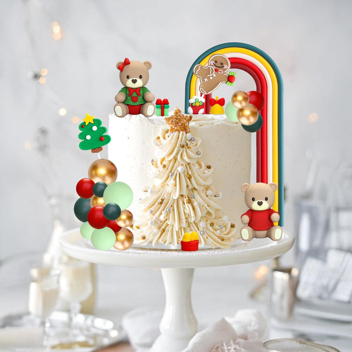 Ephlyn Christmas Bear Cake Toppers Rainbow Ball Cake Decorations Xmas Tree Gingerbread Man Socks Cupcake Toppers For Halloween Theme Baby Shower Birthday Party Supplies Red