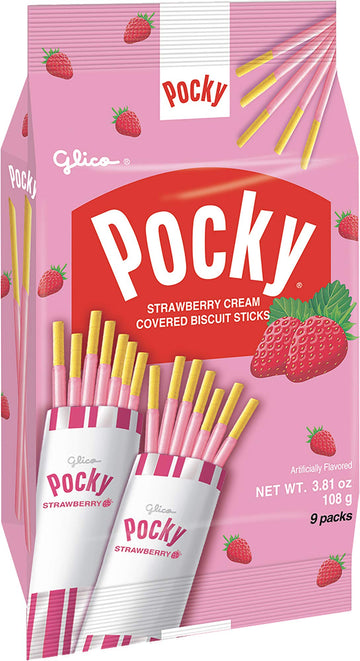 Glico Pocky, Strawberry Cream Covered Biscuit Sticks, 9 Individual Packs, 3.81 Ounce Bag - 5 Count Display Box