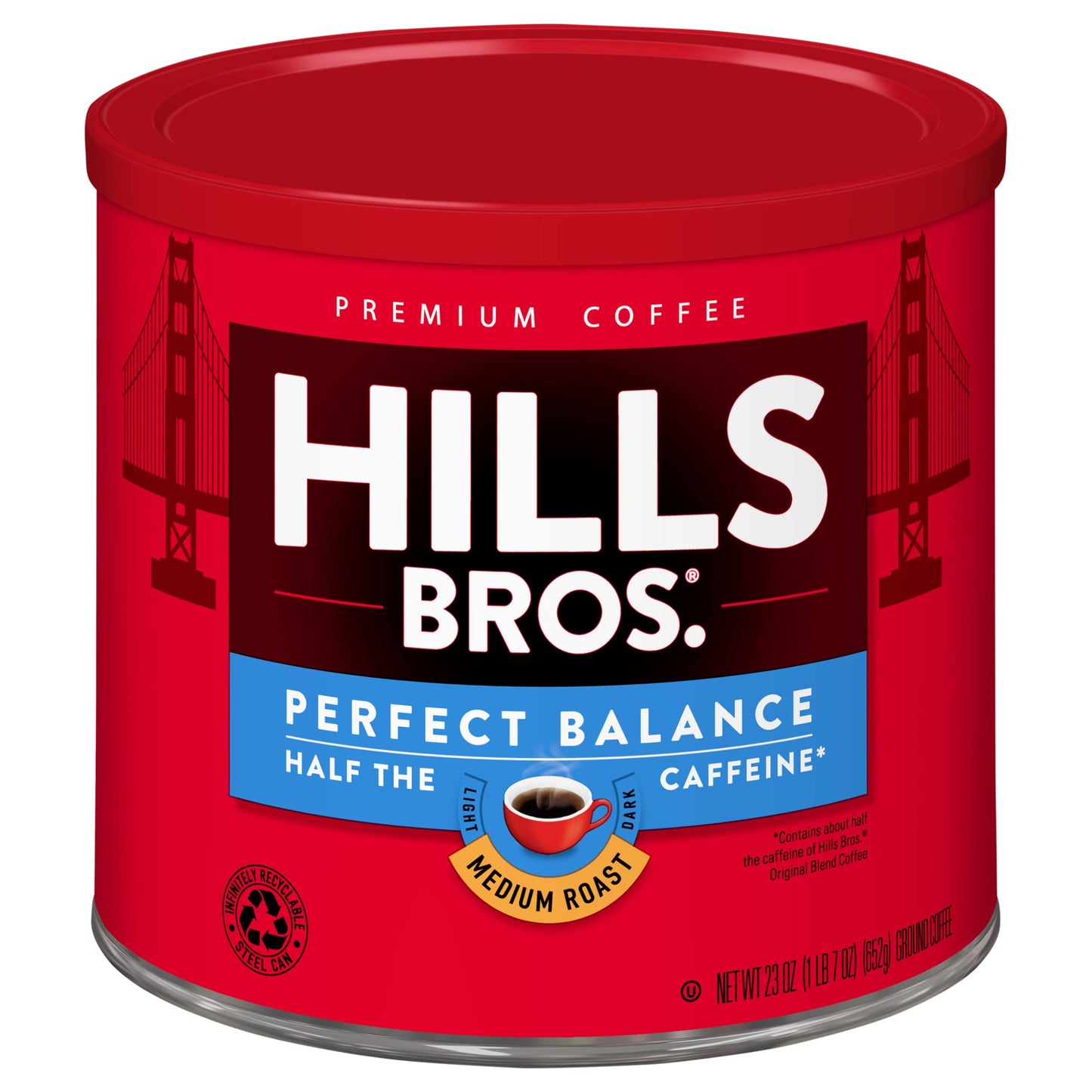 Hills Bros Perfect Balance Ground Coffee, Medium Roast, Half the Caffeine, 23 Oz