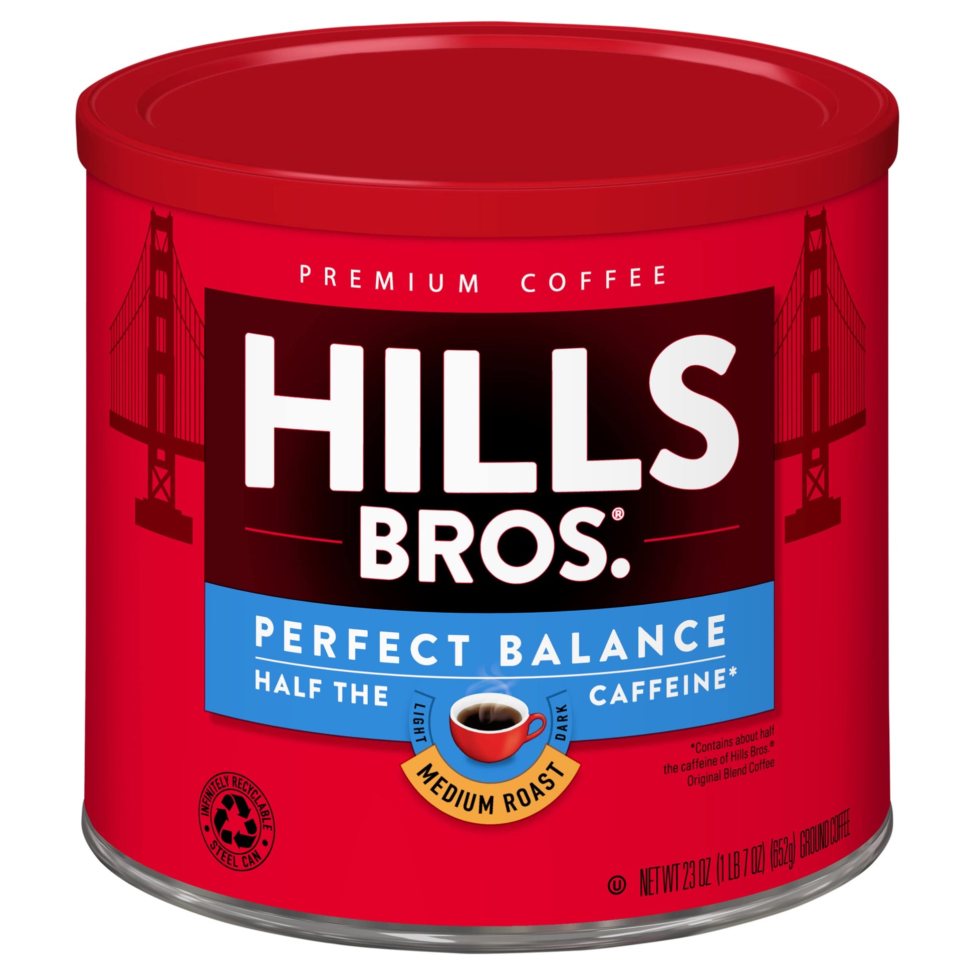 Hills Bros Perfect Balance Ground Coffee, Medium Roast, Half the Caffeine, 23 Oz