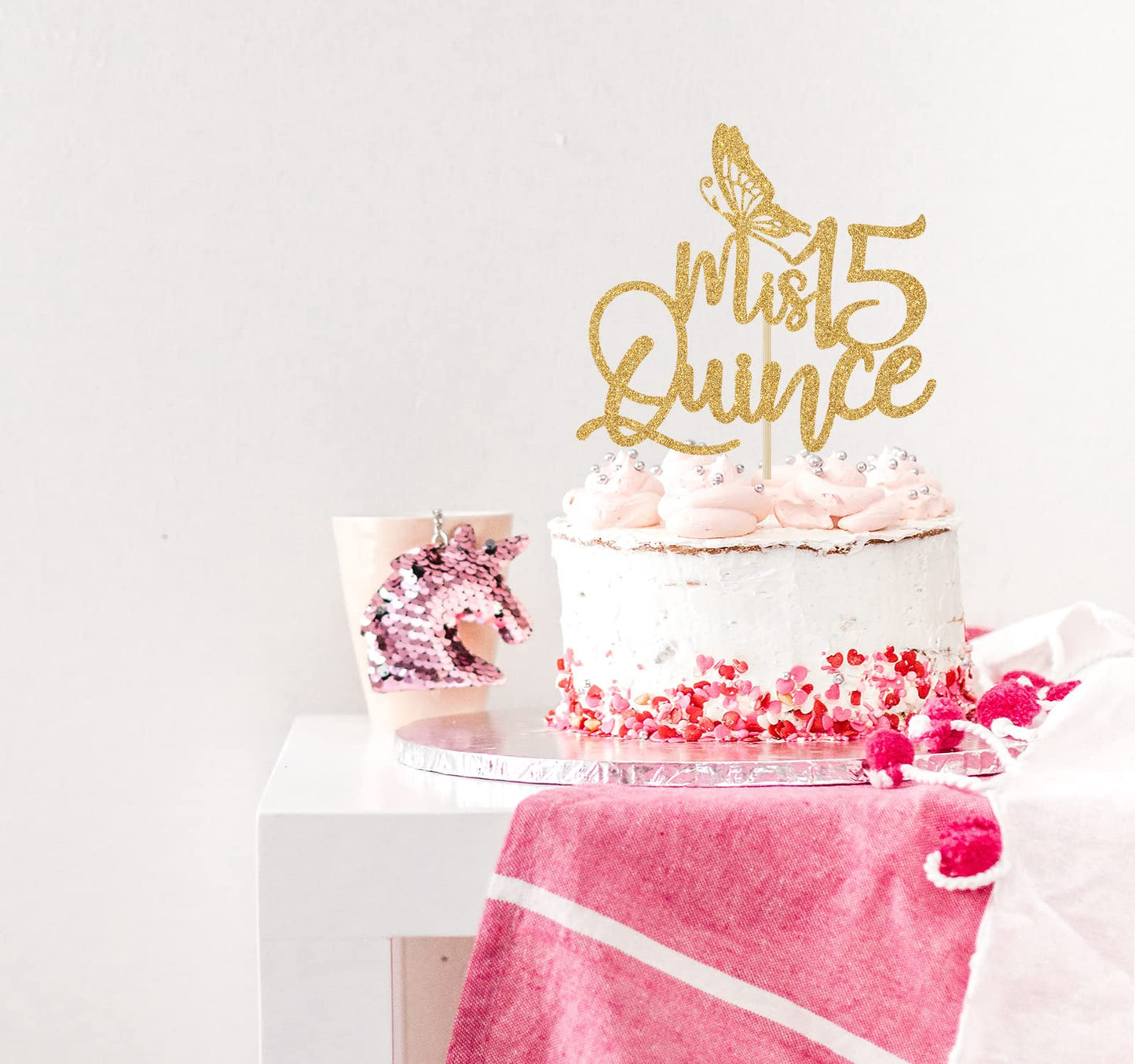 Mis Quince Gold Glitter Cake Topper, 15Th Birthday Decorations, Feliz 15 Aos, Cheers To 15 Years, 1 Pc, Yellow