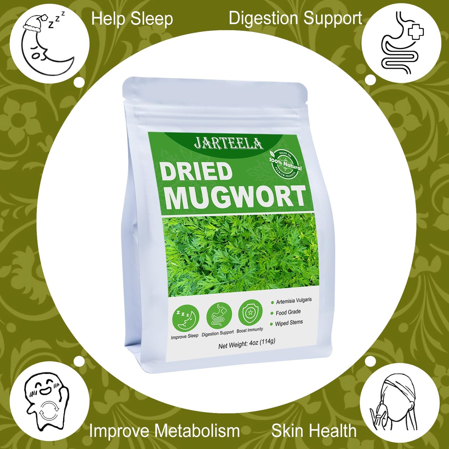 Jarteela Premium Dried Mugwort Herbs - Natural Loose Leaf Tea - 4oz Non-GMO Caffeine-Free