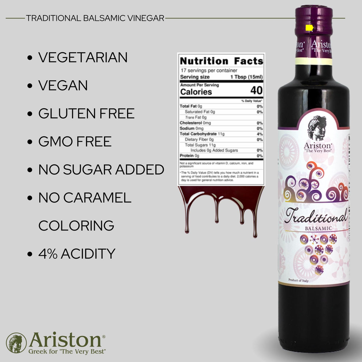 Ariston Balsamic Vinegar, Traditional Premium Quality, 500ml (Pack of 2)