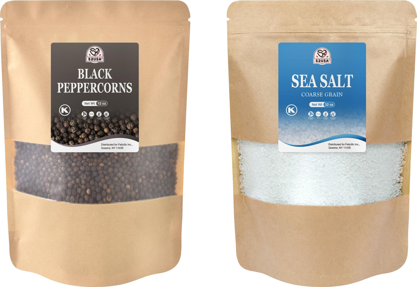 52USA Black Peppercorns 12 oz and Coarse Sea Salt 2 lbs, Salt and Pepper for Grinder Refill, Whole Peppercorns
