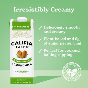 Califia Farms - Unsweetened Almond Milk, 32 Oz (Pack of 6), Dairy Free, Vegan, Plant Based, Keto Food, Shelf Stable, Vegan, Glut