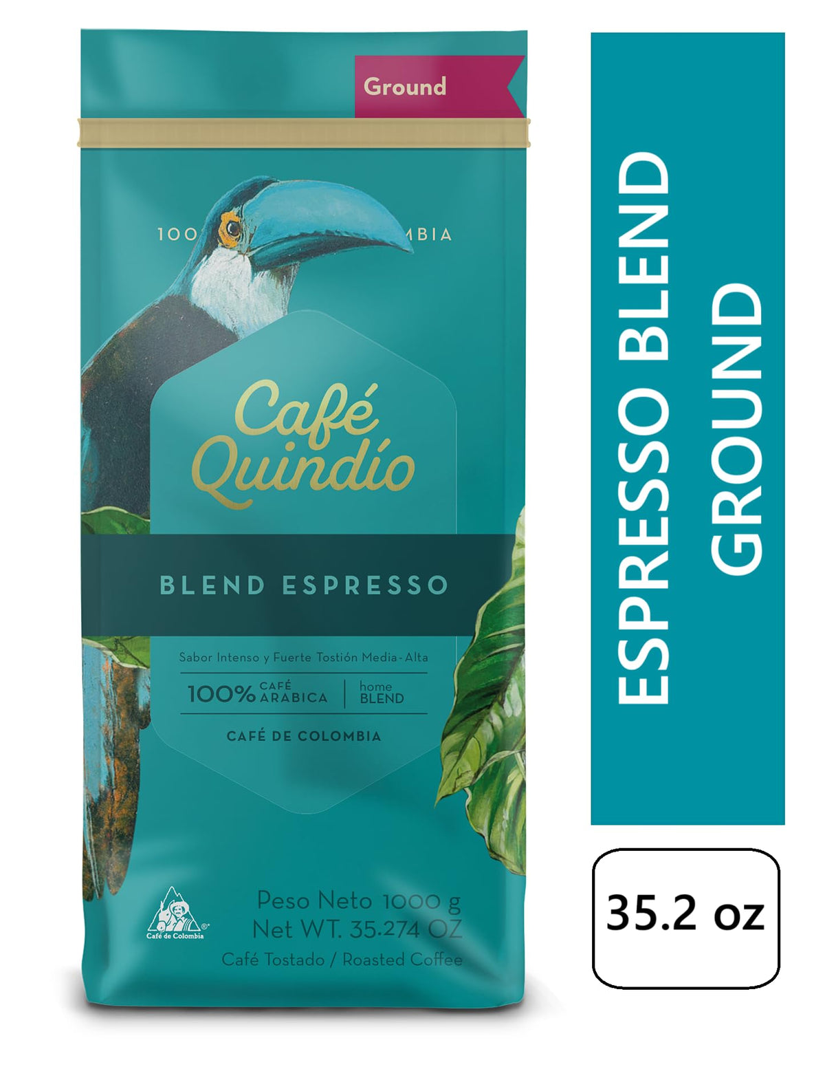 Cafe Quindio Espresso Blend - Medium/Dark Roast 100% Colombian Excelso Ground Arabica Coffee - 35.2 Ounce Bag (1Kg)