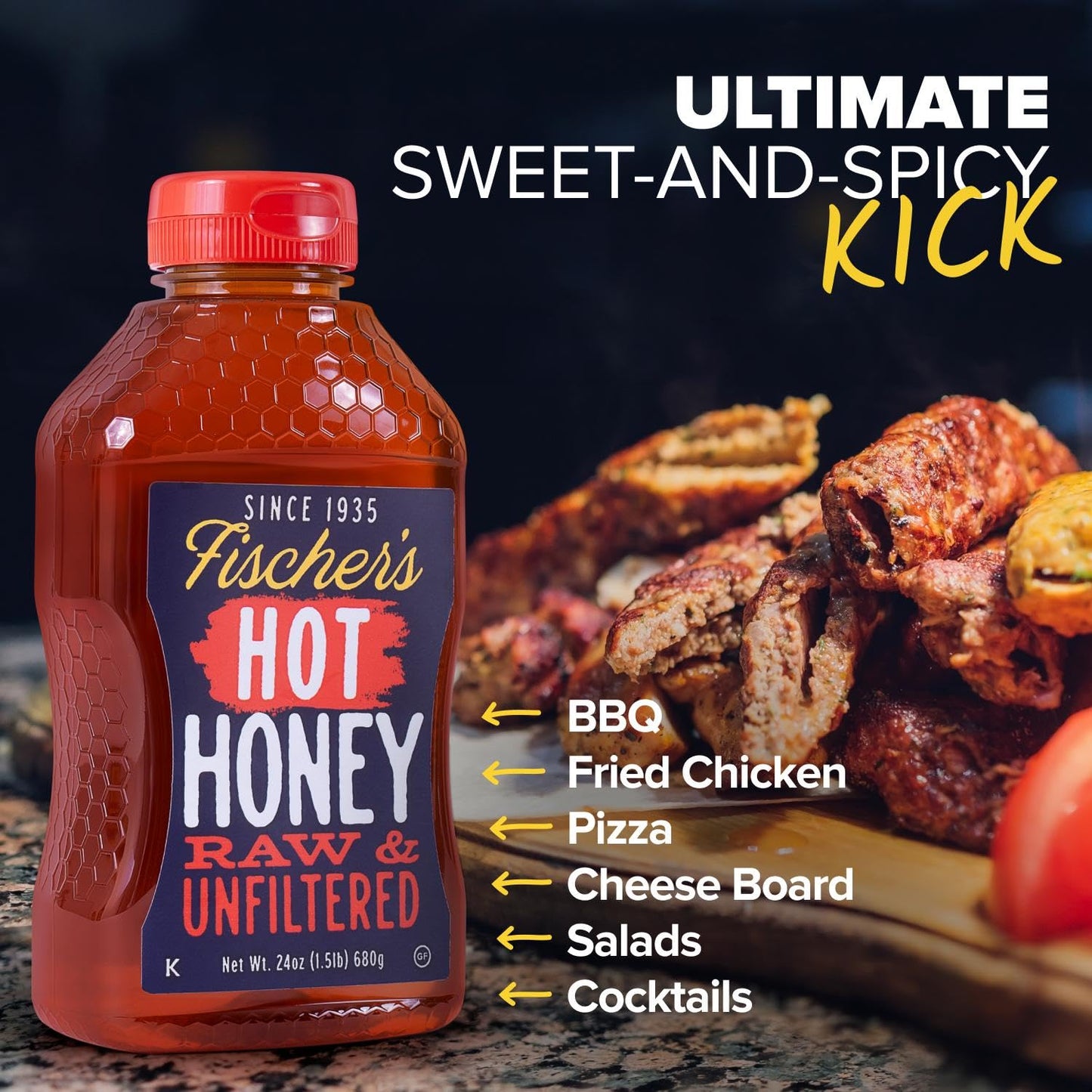Fischers Hot Honey, 24 Oz - 100% Raw Unfiltered Honey Infused with Hot Pepper - Chefs Choice - Spicy Kick for Pizza, BBQ, Frie