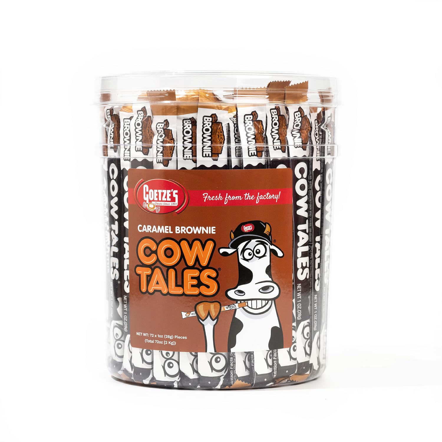 Goetzes Candy Caramel Brownie Cow Tales - 72 Count Canister (4.5 Pounds) - Fresh from the Factory