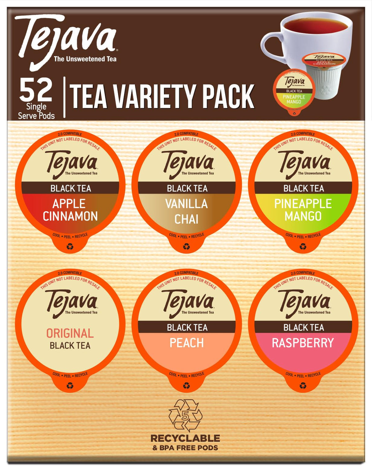Tejava Tea Variety Pack, 52Ct. 6 All Natural Unsweetened Flavored Recyclable Single Serve Assorted Variety Pack Black Tea Pods,