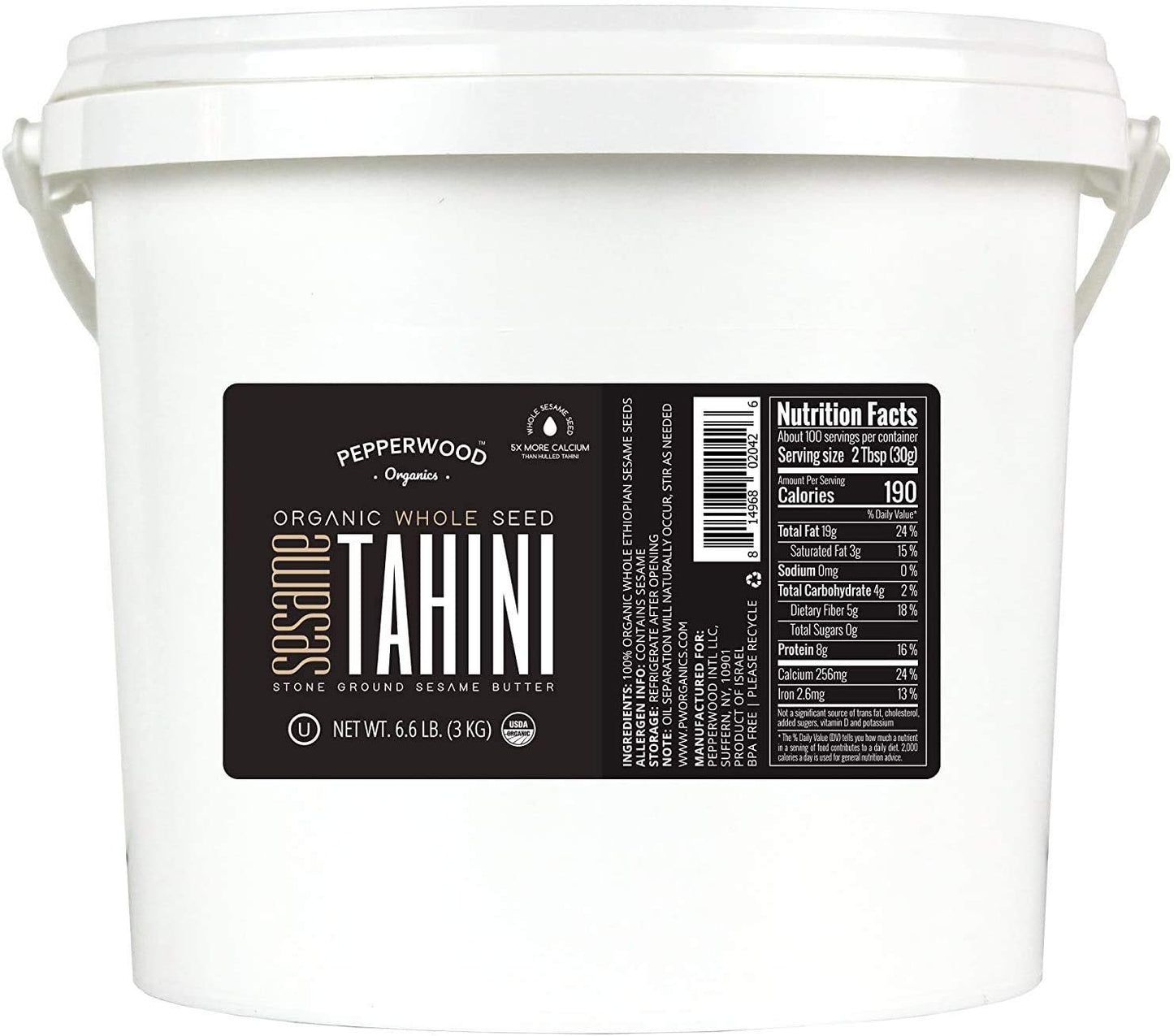 Organic Whole Sesame Tahini Paste  Bulk 6.6lb Bucket  Unhulled & StoneGround  Silky Smooth Texture in Hummus, Dips, Dressing