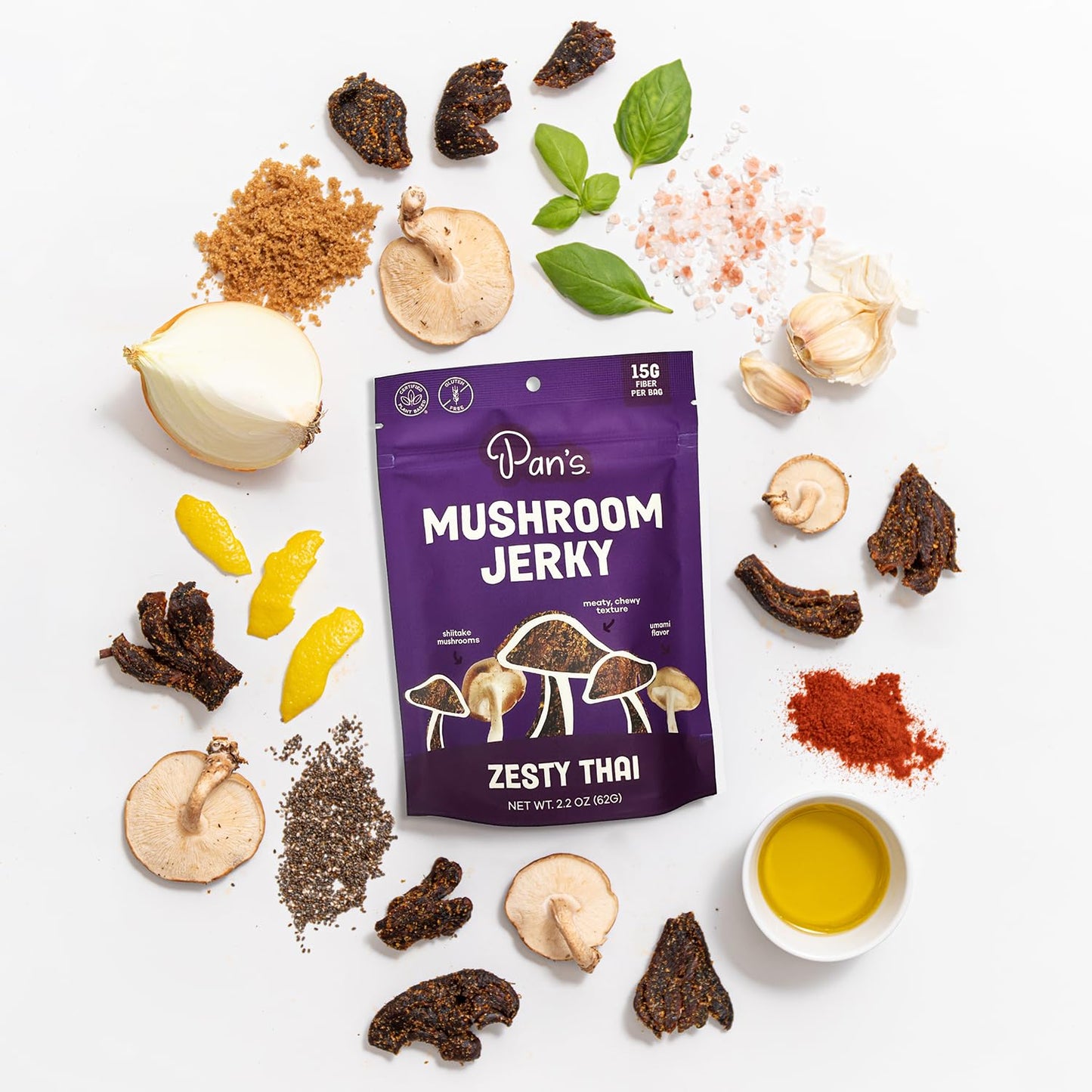 Pans Mushroom Jerky, Vegan Snacks, Shitake, Gluten Free, High Fiber, Zesty Thai, 2.2 Ounce, Pack of 1